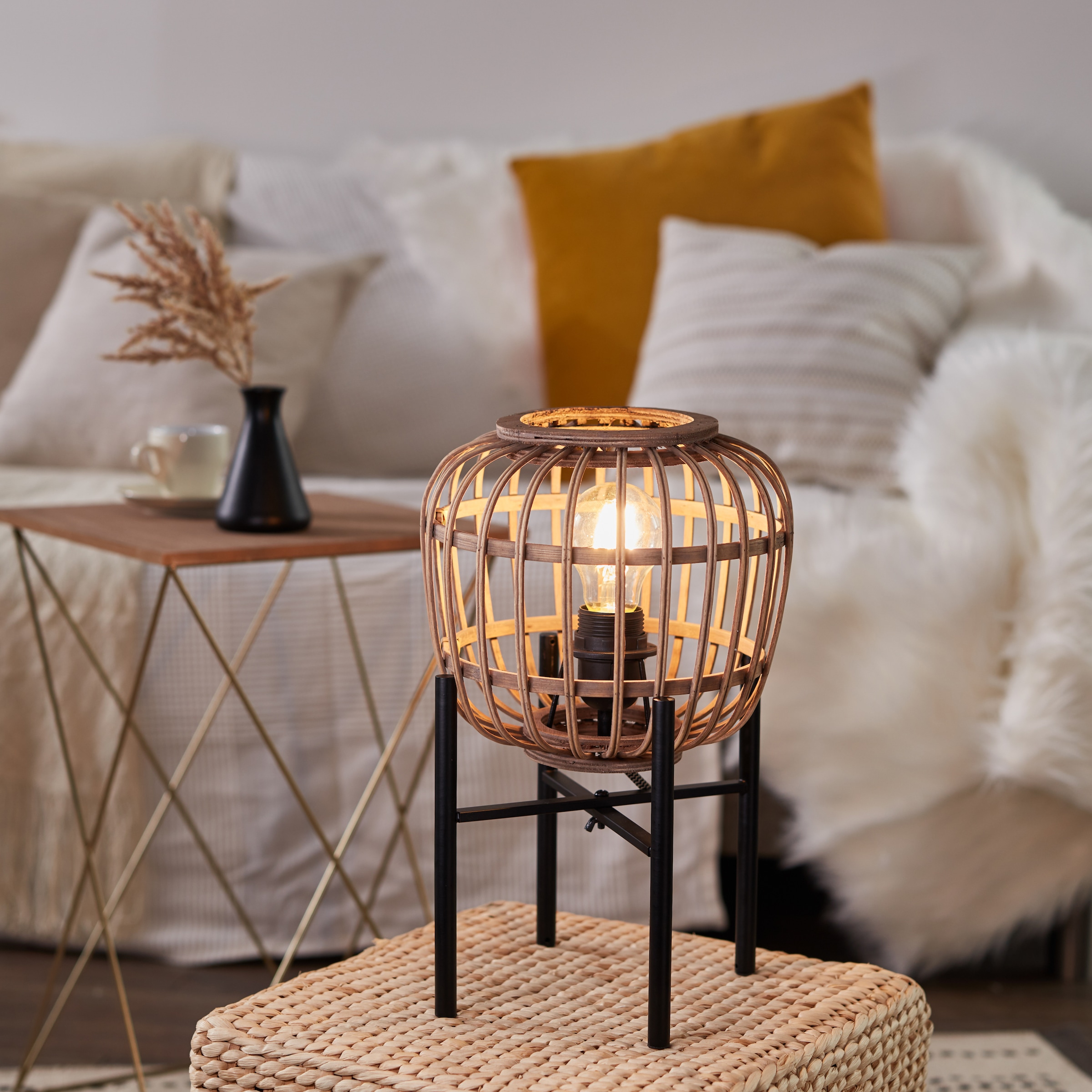 Home affaire Tischleuchte aus »Grazay«, BAUR flammig-flammig, Nature Tischlampe dekorative Style im mit | Höhe, Schirm Rattan 1 32cm