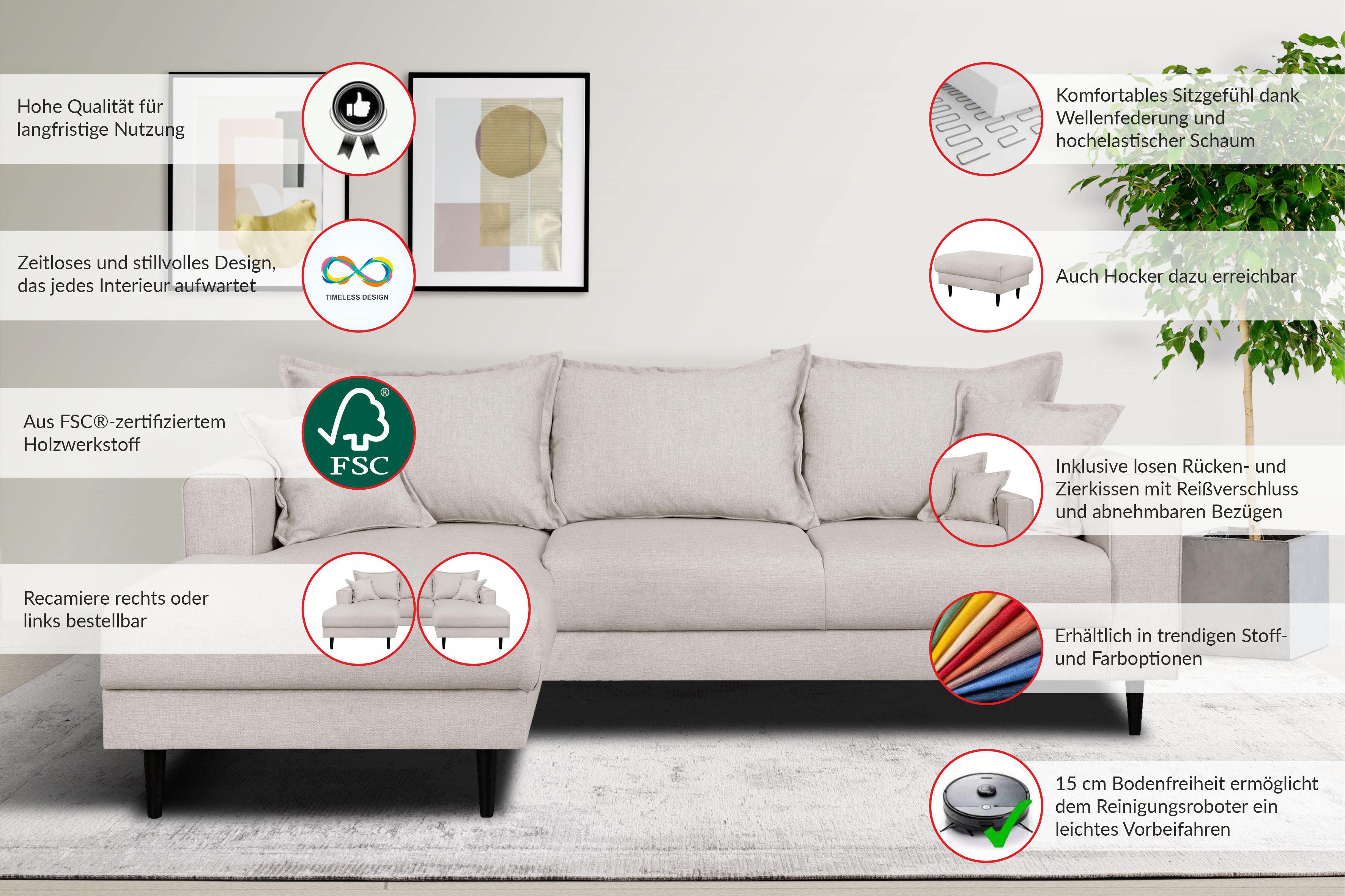 Thumbnail - Home affaire Ecksofa "VEYRAS L-Form, hoher Sitzkomfort, Maße B/T/H: 230/150/76 cm", mit Wellenunterfederung, incl. Rücke...