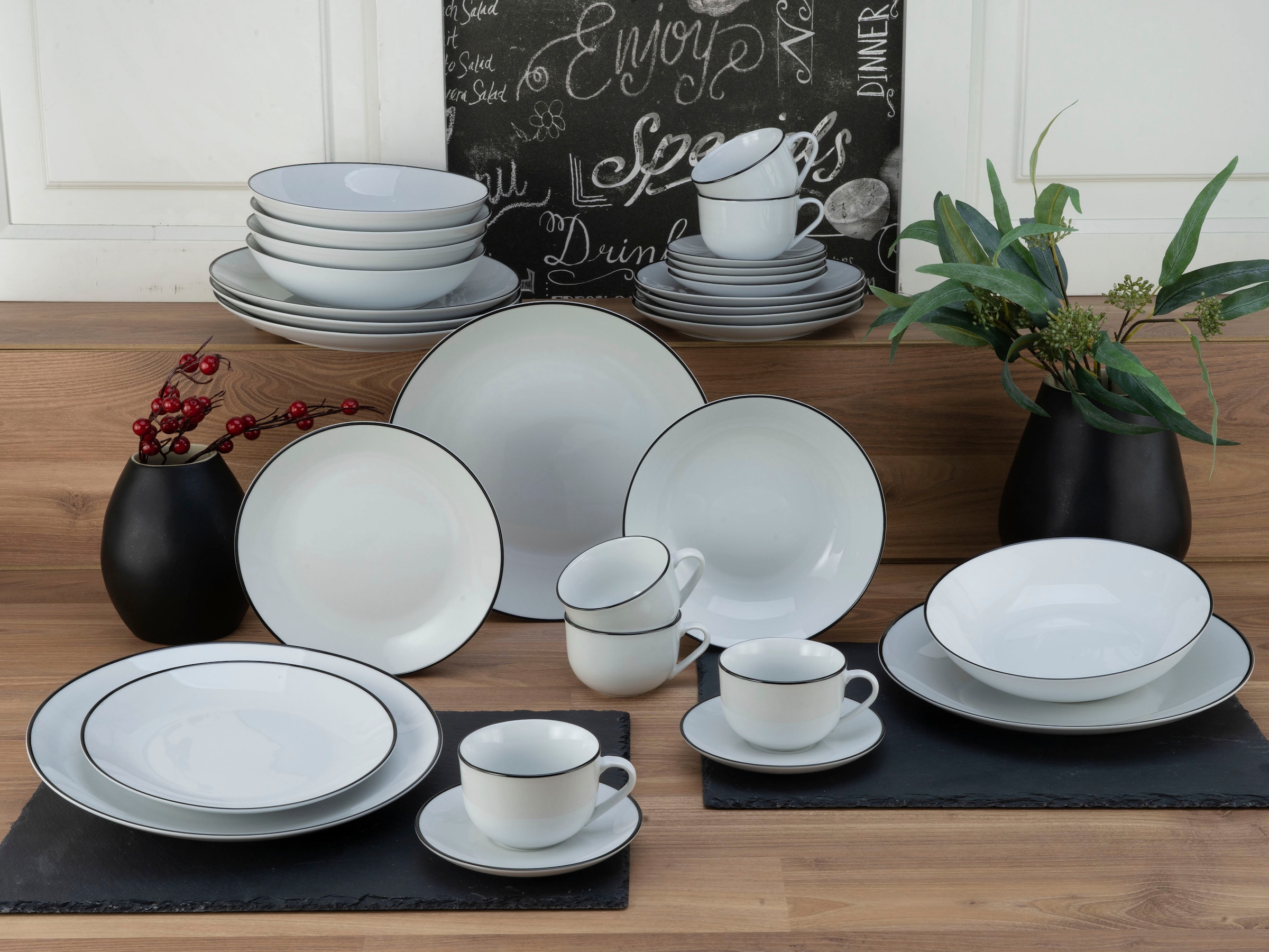 CreaTable Kombiservice »Luna | (Set, handgemaltes BAUR Liniendekor Black Line«, 30 tlg.)