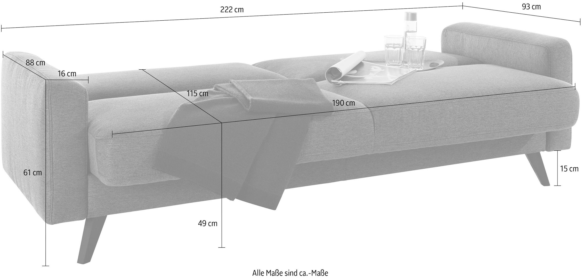 exxpo - sofa fashion 3-Sitzer »Samso, elegant und bequem, toller Sitzkomfort, Schlafsofa«, Kippcouch, inklusive Bettfunktion und Bettkasten, Komfortsitzhöhe 49cm