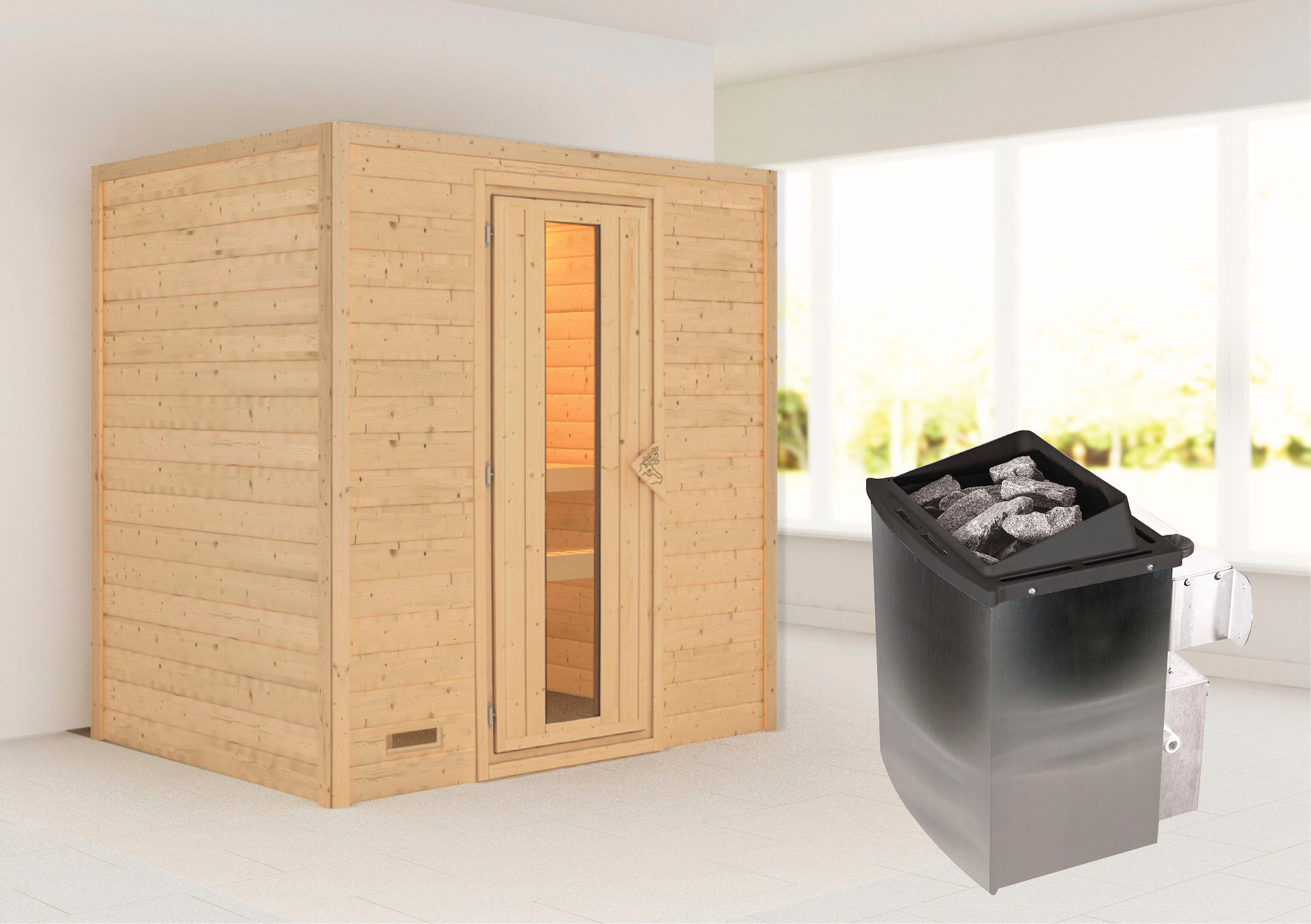 Karibu Sauna ""Sonja" mit Energiespartür 2 Ofen 9 kW integr. Strg"