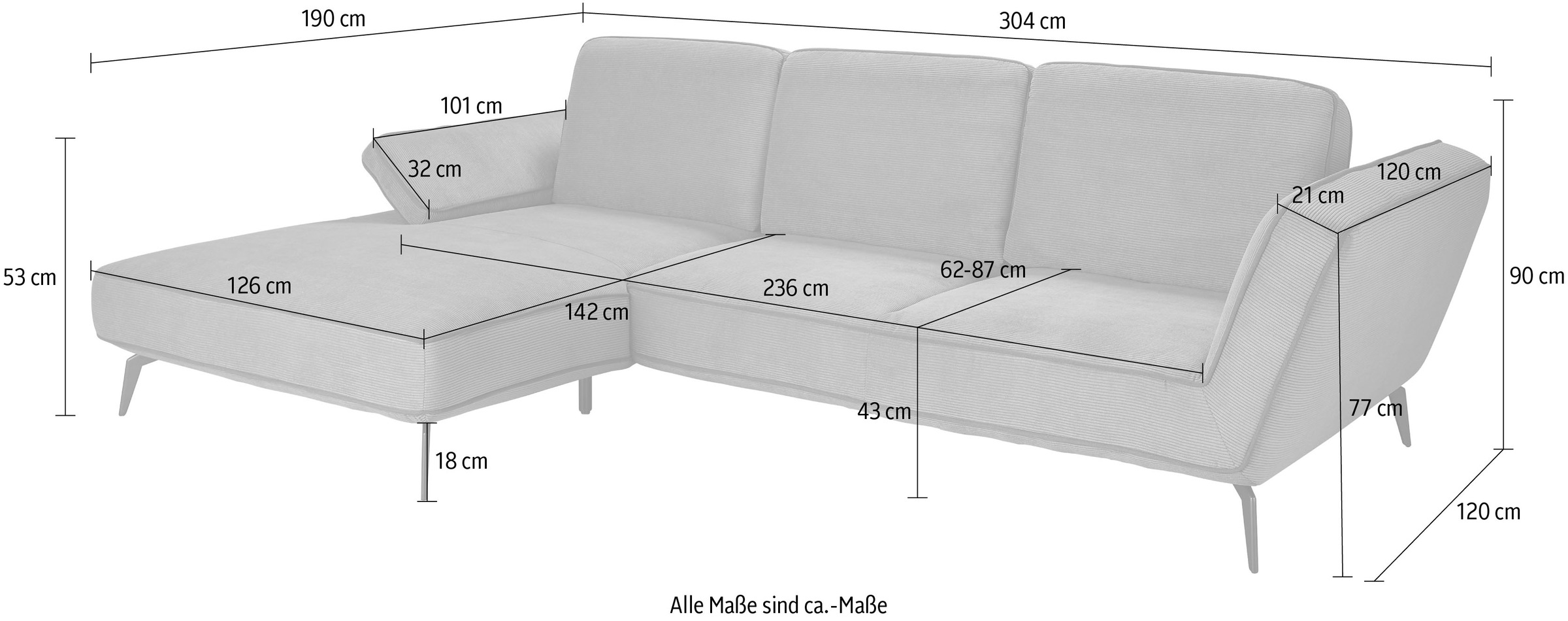 set one by Musterring Ecksofa »SO 4500, Füße schwarz matt, inkl Schwenkrückenfunktion, Cord, L-Form«, wahlweise mit Kopfstütze/Armteilverstellung/Rückenneigung