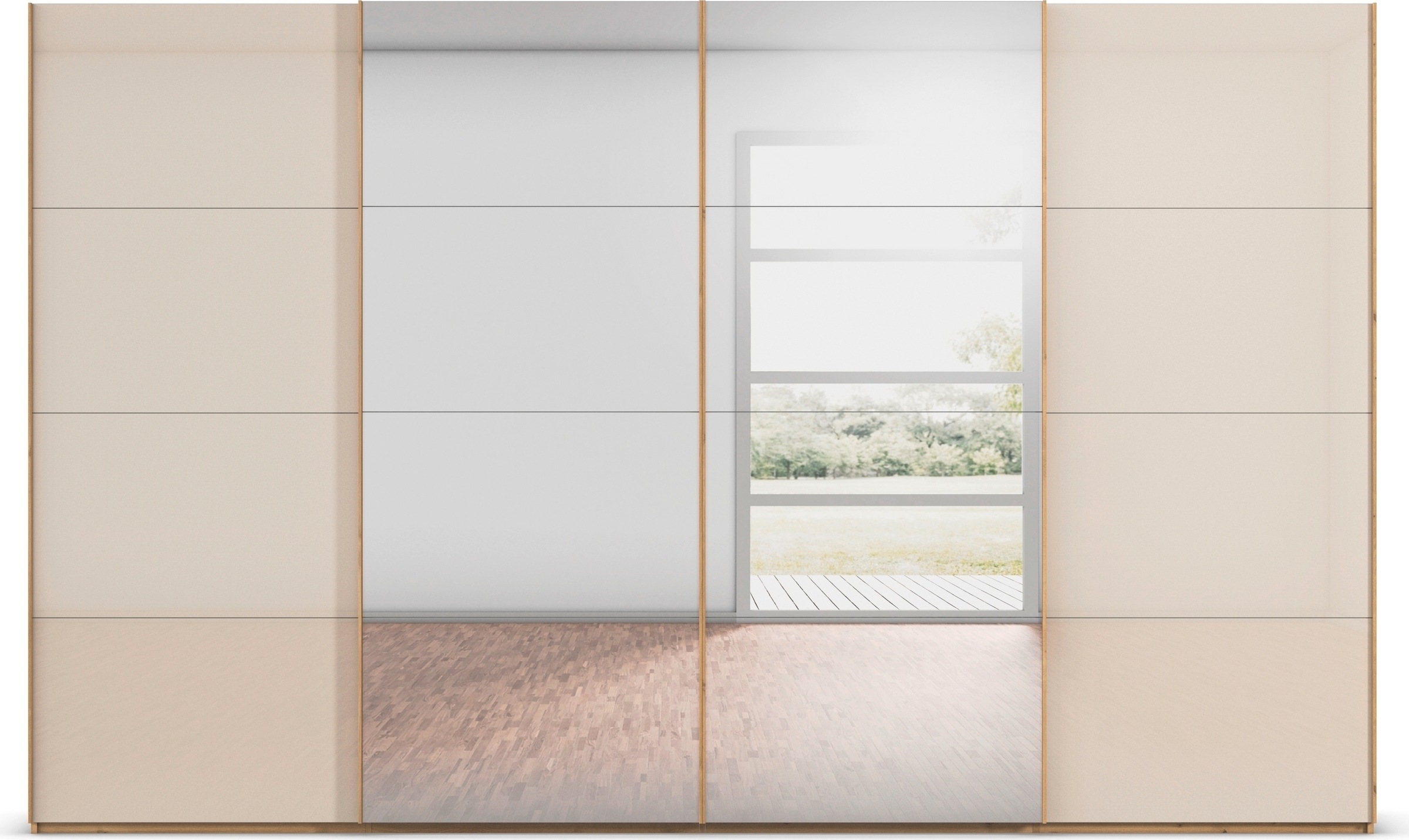 rauch Schwebetürenschrank »Kleiderschrank Schrank Garderobe Schlafzimmerschrank SCALE-FYRA«, edle viergeteilte Türen Spiegel/Glas-Mix viele Farben MADE IN GERMANY