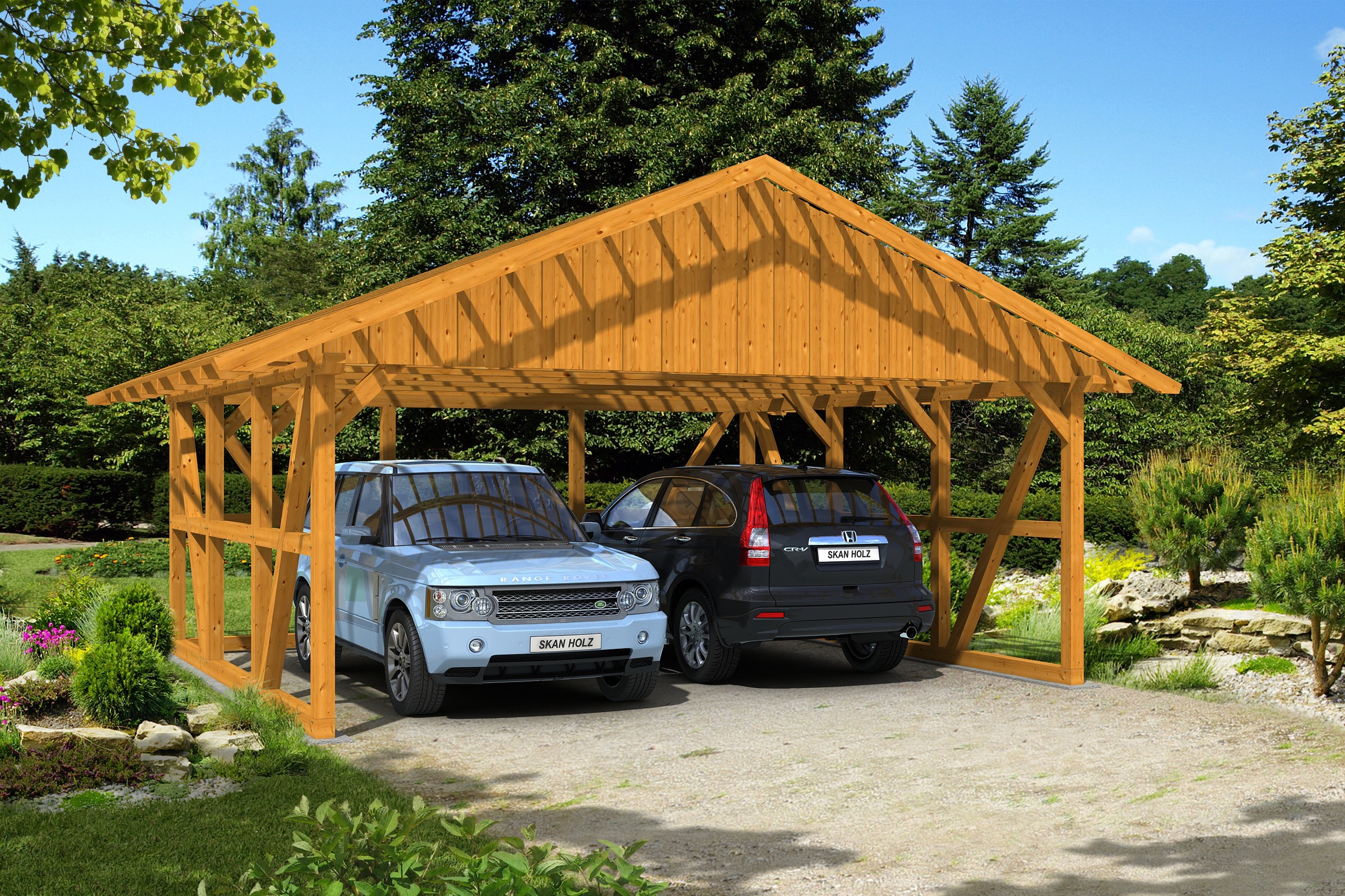 Skanholz Doppelcarport »Schwarzwald«, KVH-Fichte, 560 cm, Eiche hell, mit Dachlattung