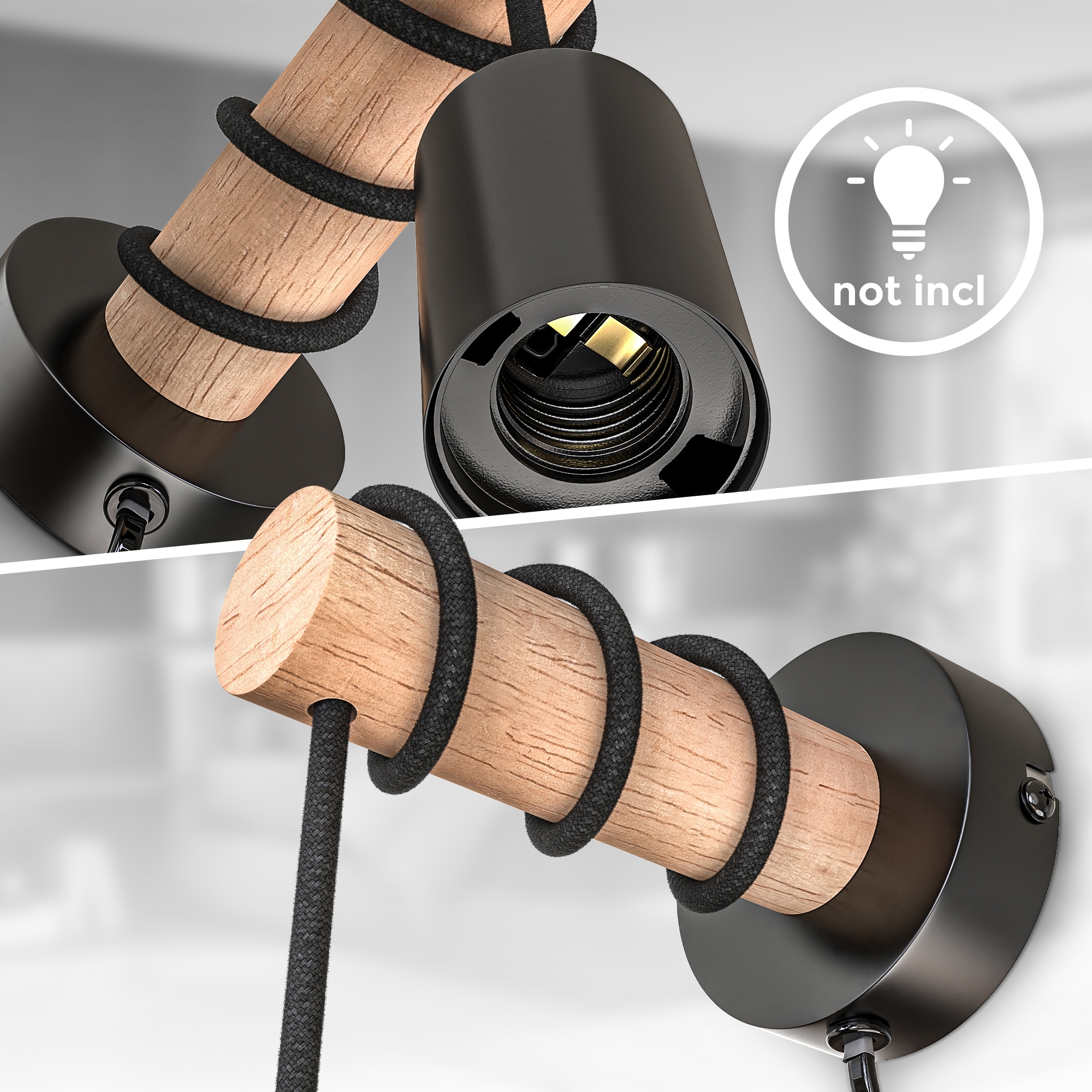 B.K.Licht Wandleuchte, 1 flammig, Leuchtmittel E27 | ohne Leuchtmittel, Wandlampe, 1 flammig, Industrial-Design, Retro, Stahl, Holz, rund