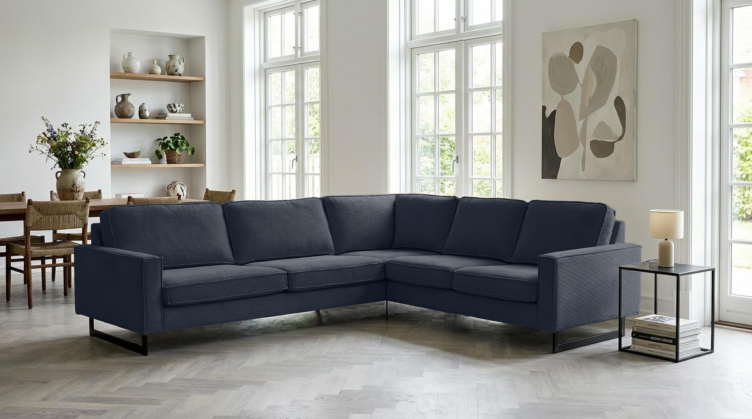 OTTO home Ecksofa "Pinto, XXL, 250/290 cm, langer Schenkel, Ottomane" Cord, Chenille, Lederoptik, mit Keder, Metallfüße, Wellenunterfederung