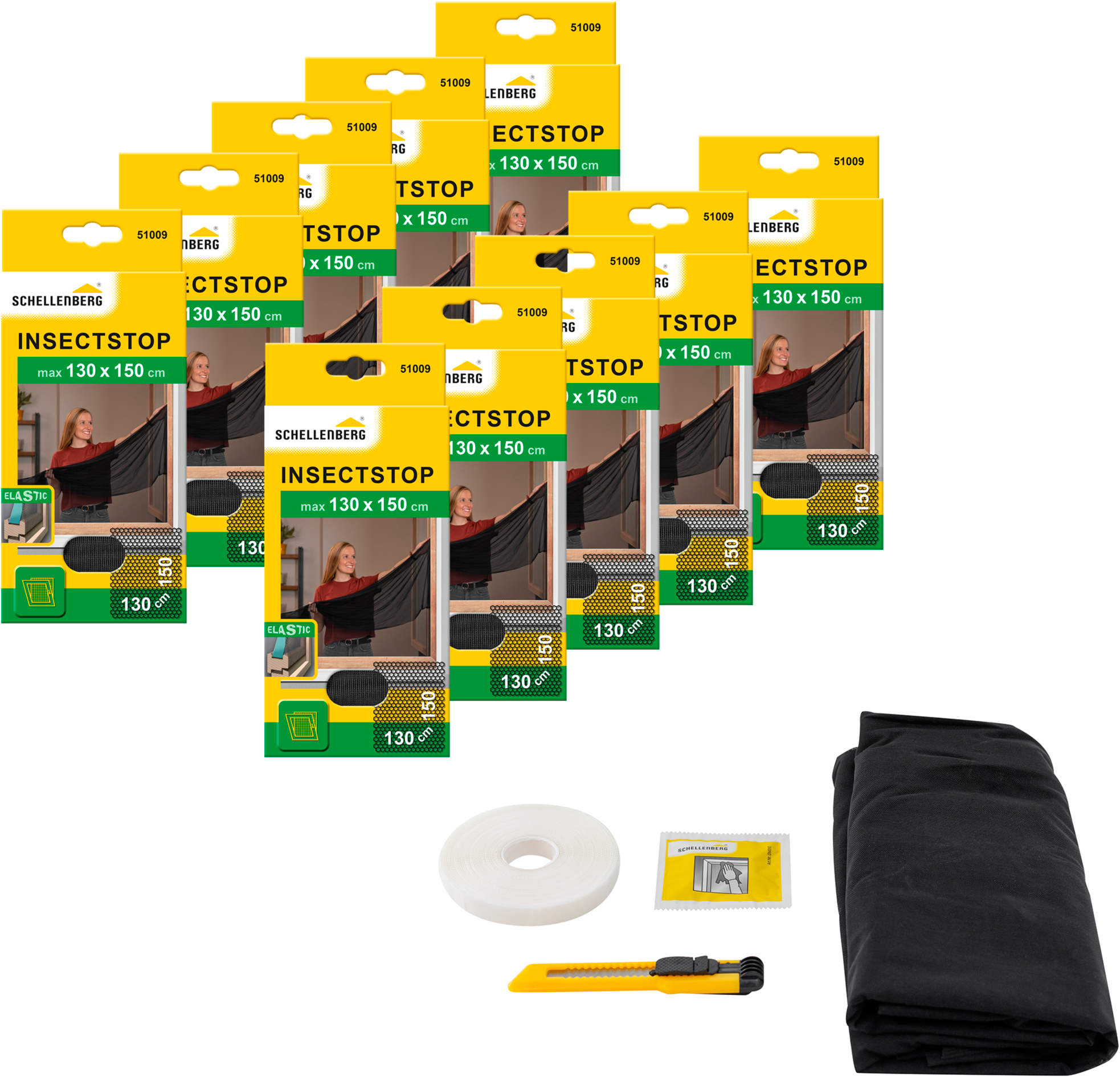 SCHELLENBERG Fliegengitter-Gewebe "Elastic ohne bohren", B/H: 130cm x 150cm, 10er Pack, grau, Insektenschutzgitter, elastischer Insektenschutz für