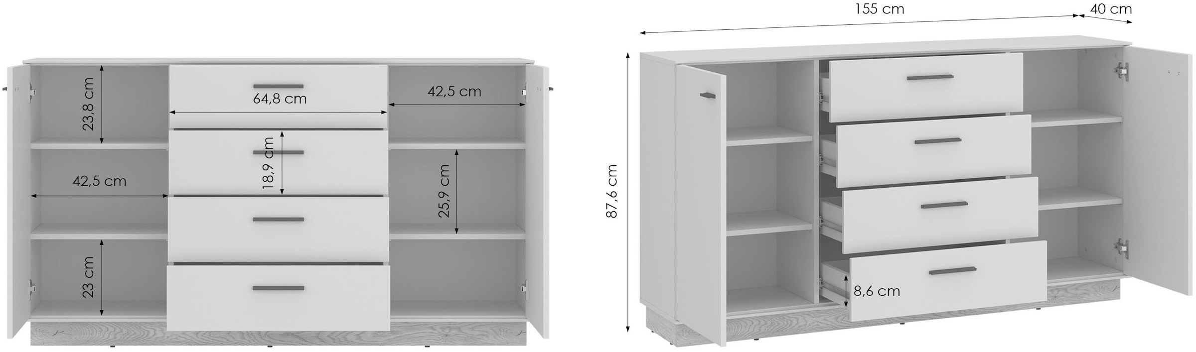 Home affaire Sideboard modernses Sideboard, Breite ca.155 cm, 2 Türen und 4 Schubkasten