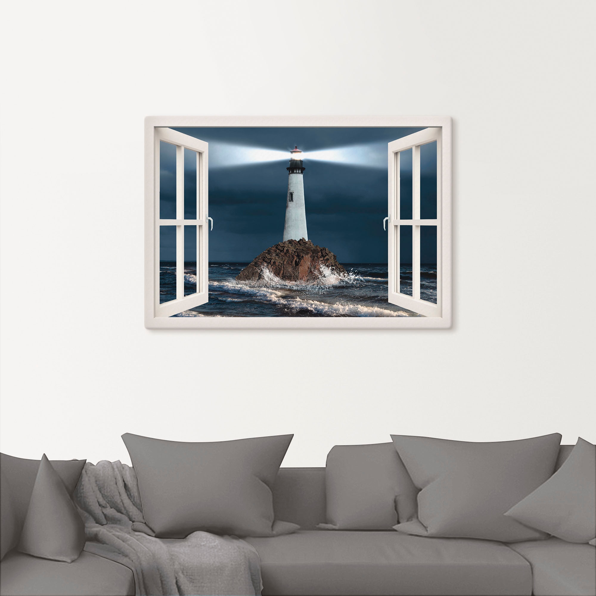 Artland Leinwandbild "Fensterblick Leuchtturm mit Lichtstrahl", Gebäude, (1 günstig online kaufen