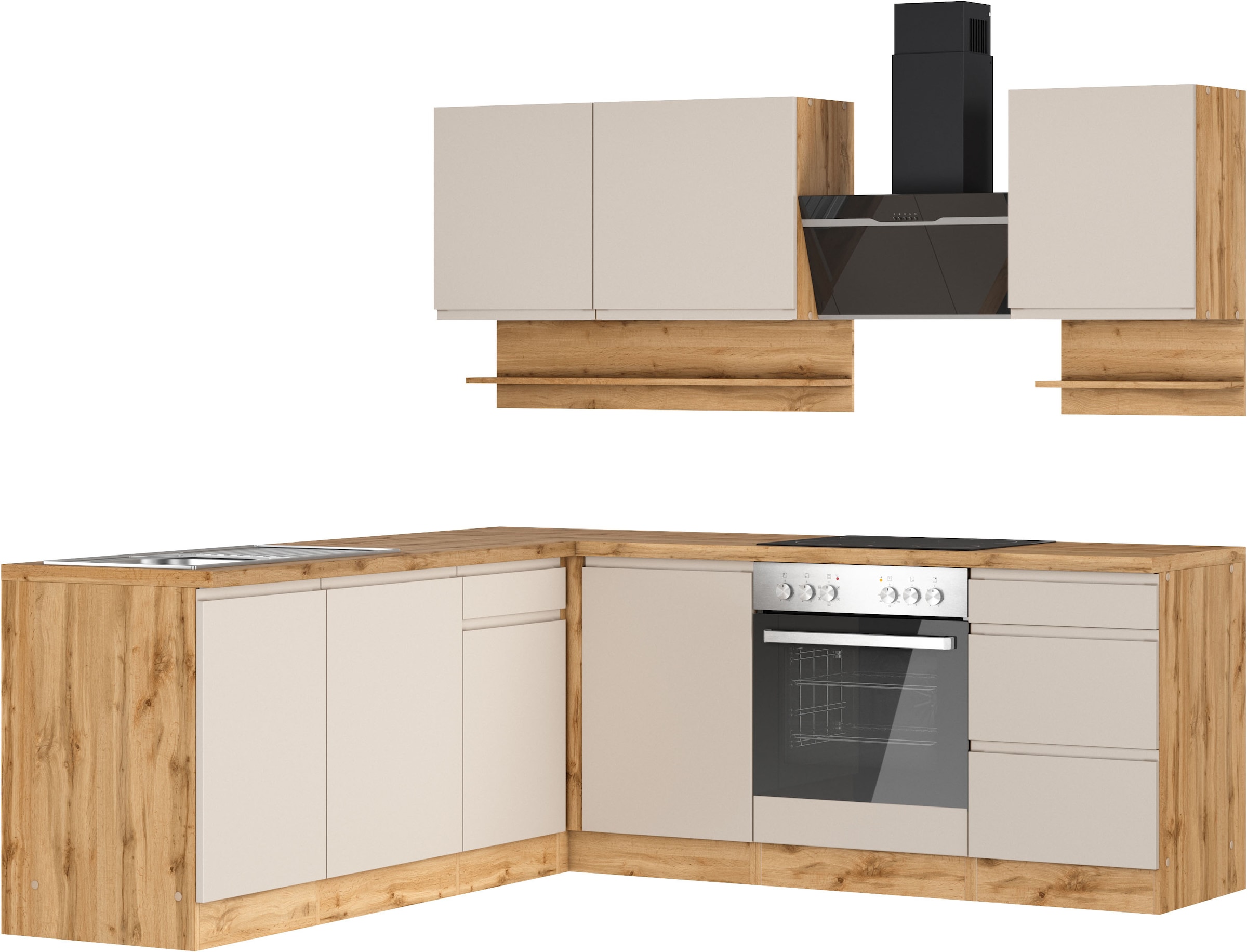 KOCHSTATION Winkelküche "KS-Virginia,neu in verbesserter Ausführung" Arbeitsplatte 38 mm stark, Stauraum, Softclose, Stellbreite 220/220 cm, Soft-Close,wahlweise mit E-Geräten