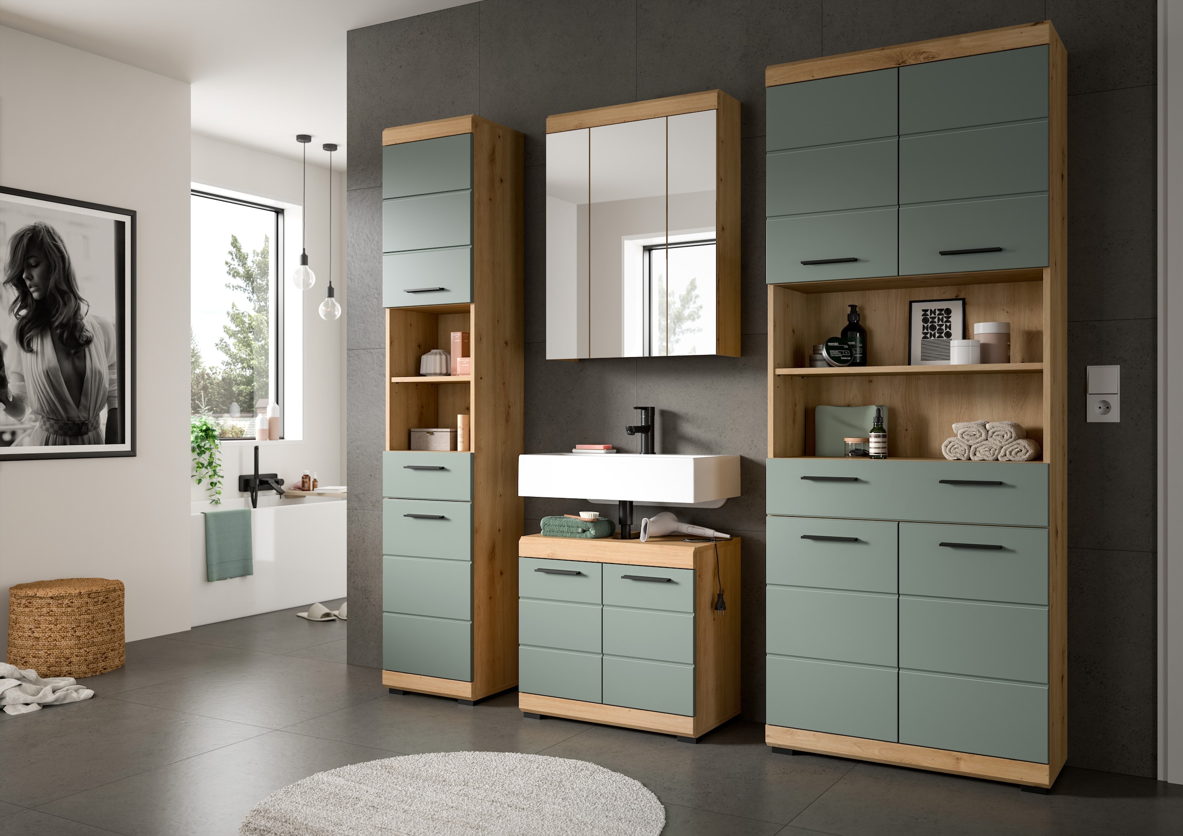 INOSIGN Hochschrank »Siena, Breite 74cm, 4 Türen, 1 Schubkasten, 2 offene Fächer, MDF-Front«, in verschiedenen Farben erhältlich, Badmöbel, Badschrank, Schrank, Bad