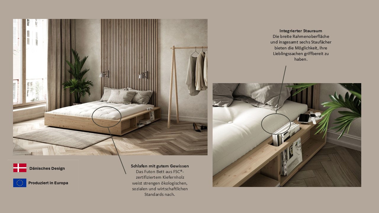 Thumbnail - Karup Design Futonbett "Bettgestell Ziggy Bed – FSC Massivholz Futonbett, excl. Matratze" mit 6 offenen Fächern, Ablagef...
