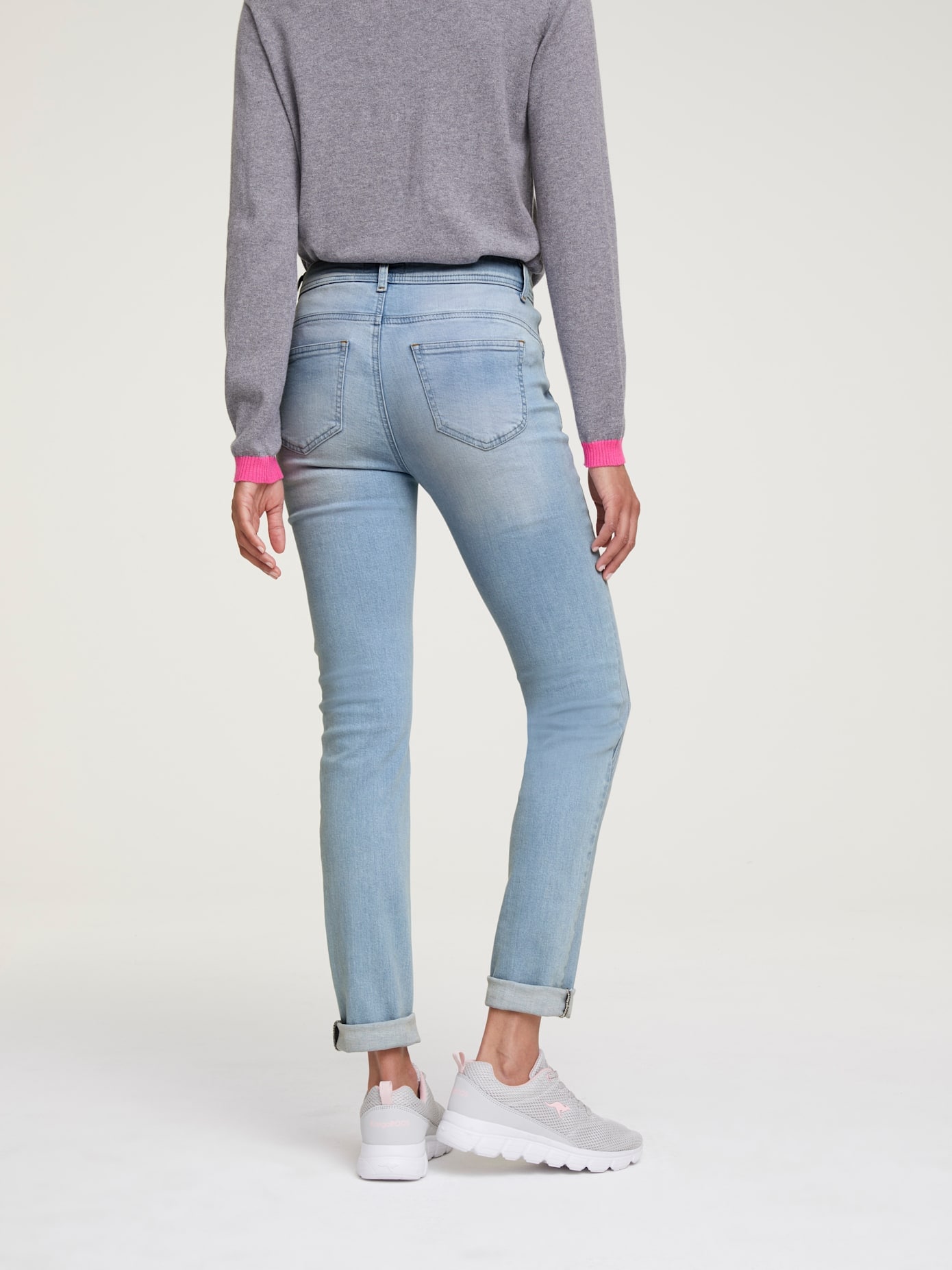 Röhrenjeans HEINE, Damen, Gr. 18, Kurzgrößen, blau (bleached), 98% Baumwolle, 2% Elasthan, Miedereinsatz:20% Elasthan, 80% Polyamid, unifarben, lang, Jeans
