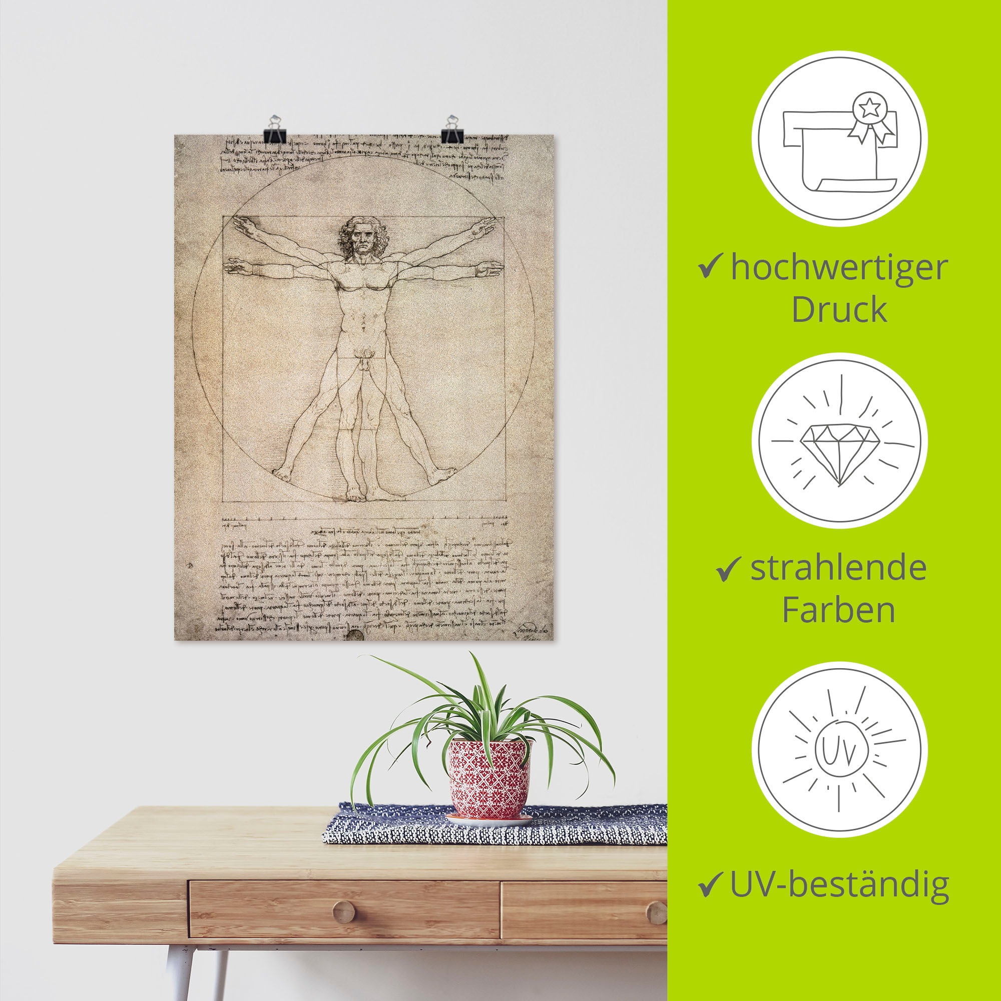 Artland Wandbild »Porportionszeichnung, nach Vitruv. 1490«, Mann, (1 St.), als Leinwandbild, Poster in verschied. Größen