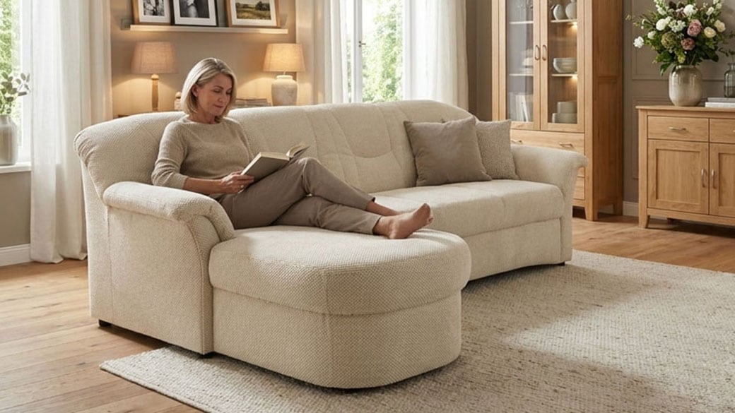 OTTO home Ecksofa "Langelland 232 x 146 cm, auch mit Schlaffunktion, mittelfester Sitz" L-Form, mit Federkern, pflegeleichter Pet Friendly Bezugsstoff