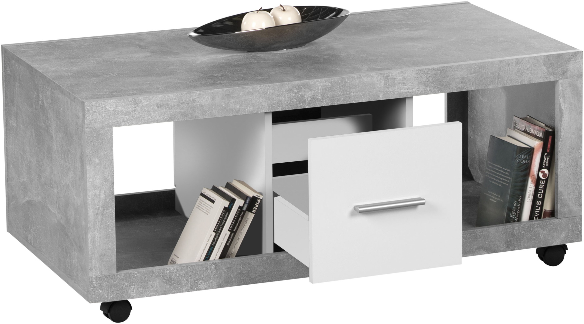 Stolkom Couchtisch »Stone rollbar mit Schubkästen, Beton weiß, BxHxT 115x50x60 cm«, Rollbar, 2 Schubkästen, 2 offene Fächer, Beton Dekor-Weiß