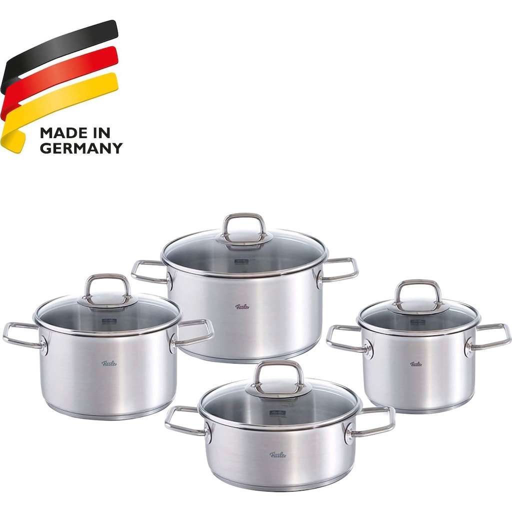 Fissler Topf-Set »Viseo Topf-Set«, Edelstahl 18/10, (Set, 8 tlg., 1x Bratentopf 20 cm, je 1x Kochtopf 16/20/24 cm), Induktionsgeeignet, Mess-Skala, Made in Germany