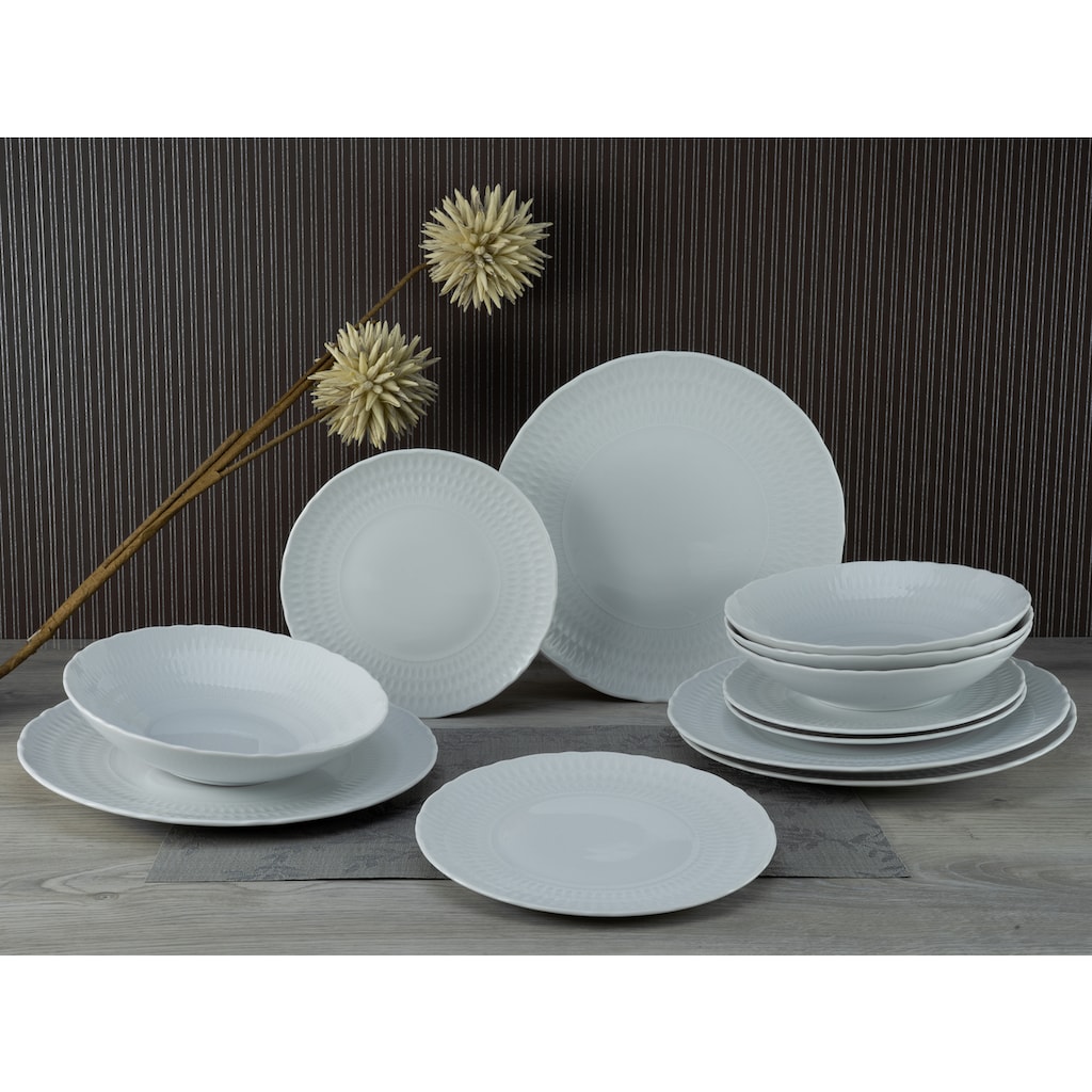 CreaTable Teller-Set »Geschirr-Set Sofia«, (Set, 12 tlg., Tafelservice für 4 Personen), Service, klassisch elegantes Relief, 12 Teile, für 4 Personen