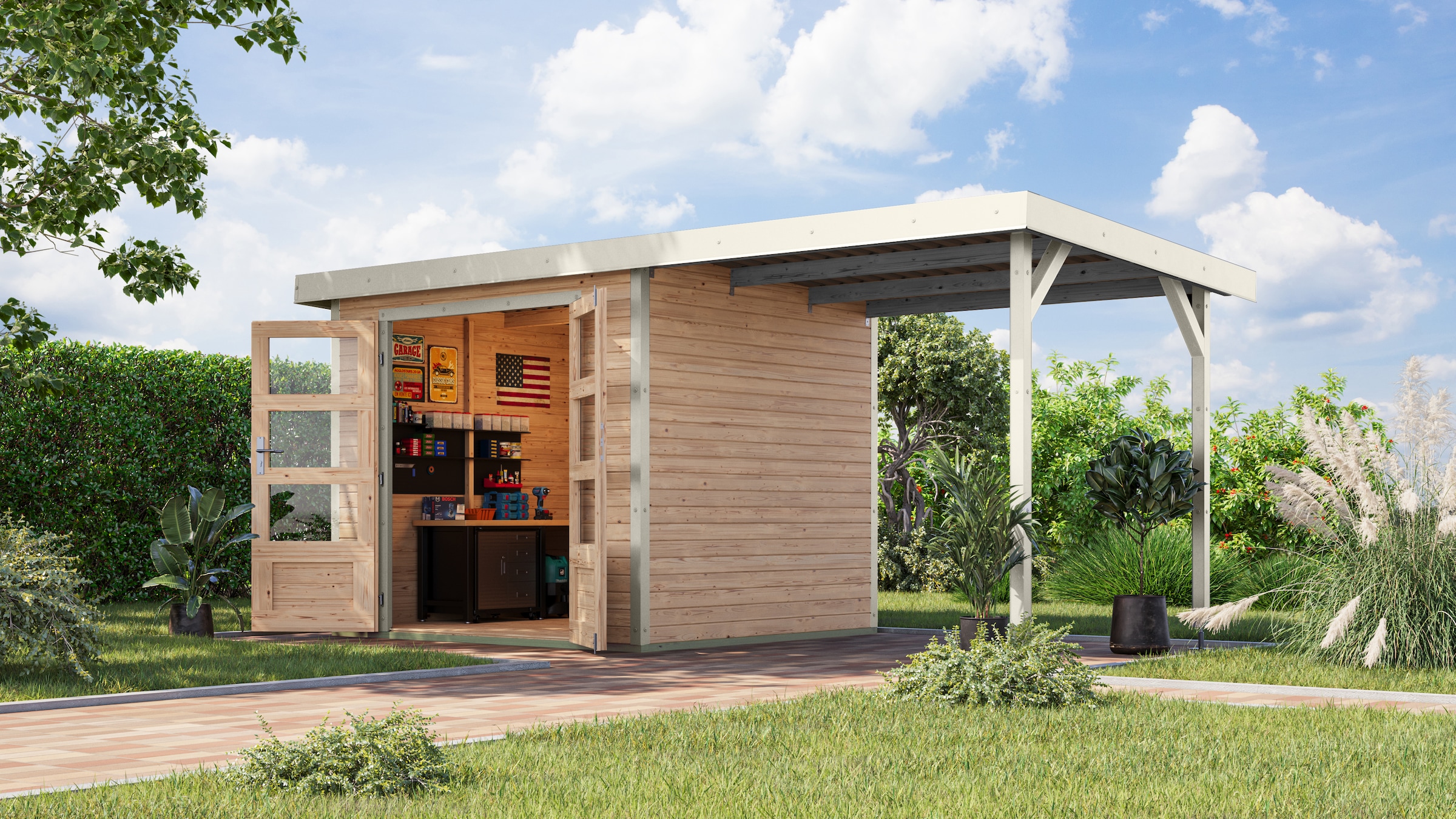 Karibu Gartenhaus "Jupiter 3", in verschiedenen Farben, mit Anbaudach 2,35 günstig online kaufen
