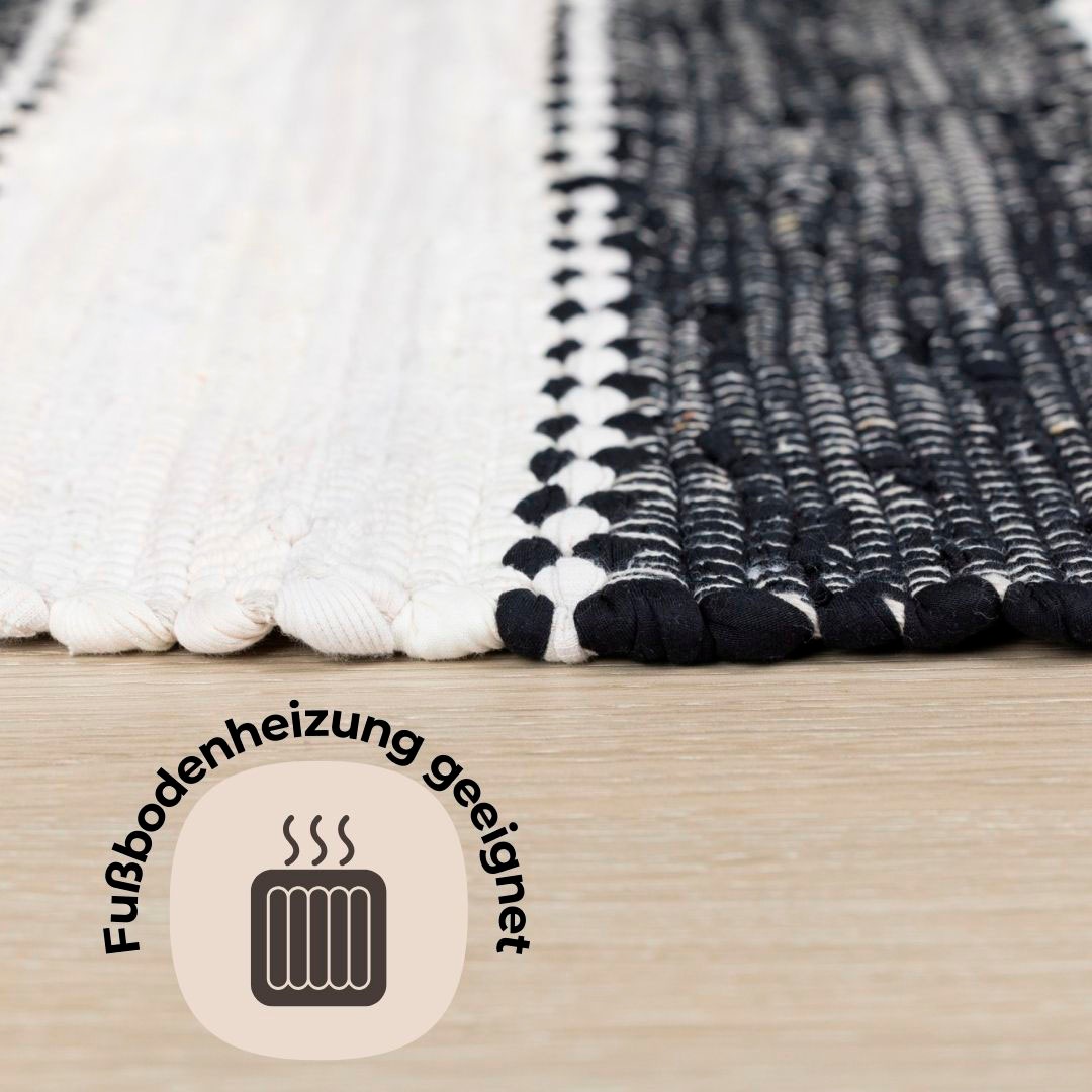 Teppich OTTO HOME "Benja", schwarz (schwarz, weiß), B:80cm H:10mm L:150cm, Baumwolle, Polyester, Teppiche, Teppich, Handweb Teppich, gestreift, 90% Baumwolle, handgewebt, mit Fransen 3
