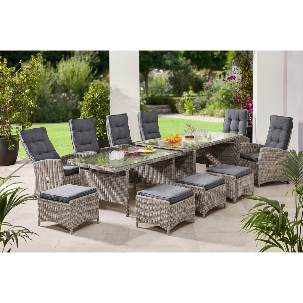 KONIFERA Garten-Essgruppe »Monaco«, (Set, 27 tlg., 6x Sessel, 4x Hocker, 1x AZ-Tisch 200-366x100x75,5 cm, inkl. Auflagen)