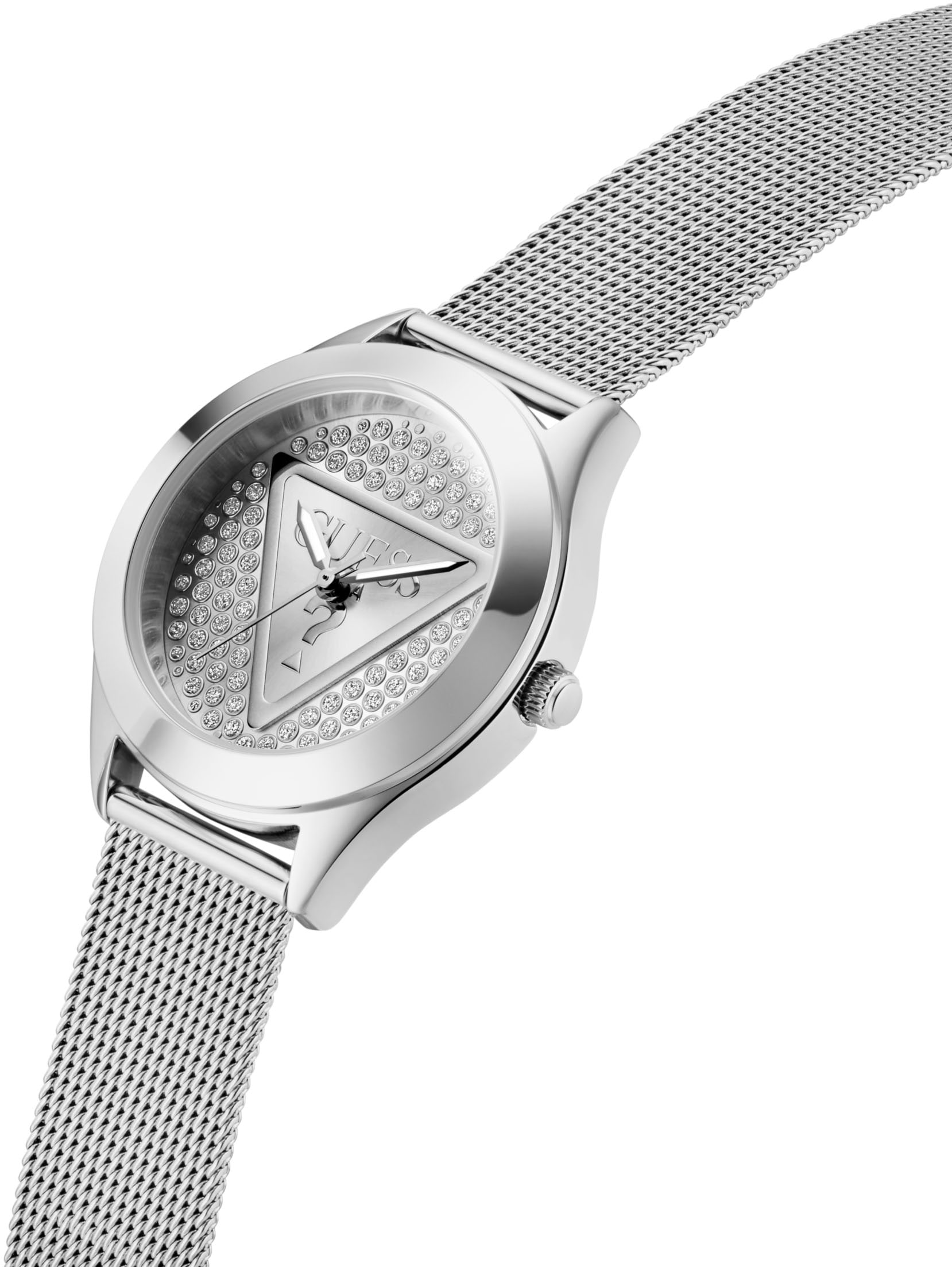 Guess Quarzuhr »GLITZ PLAQUE«, Armbanduhr, Damenuhr, Edelstahlarmband, Mineralglas, analog