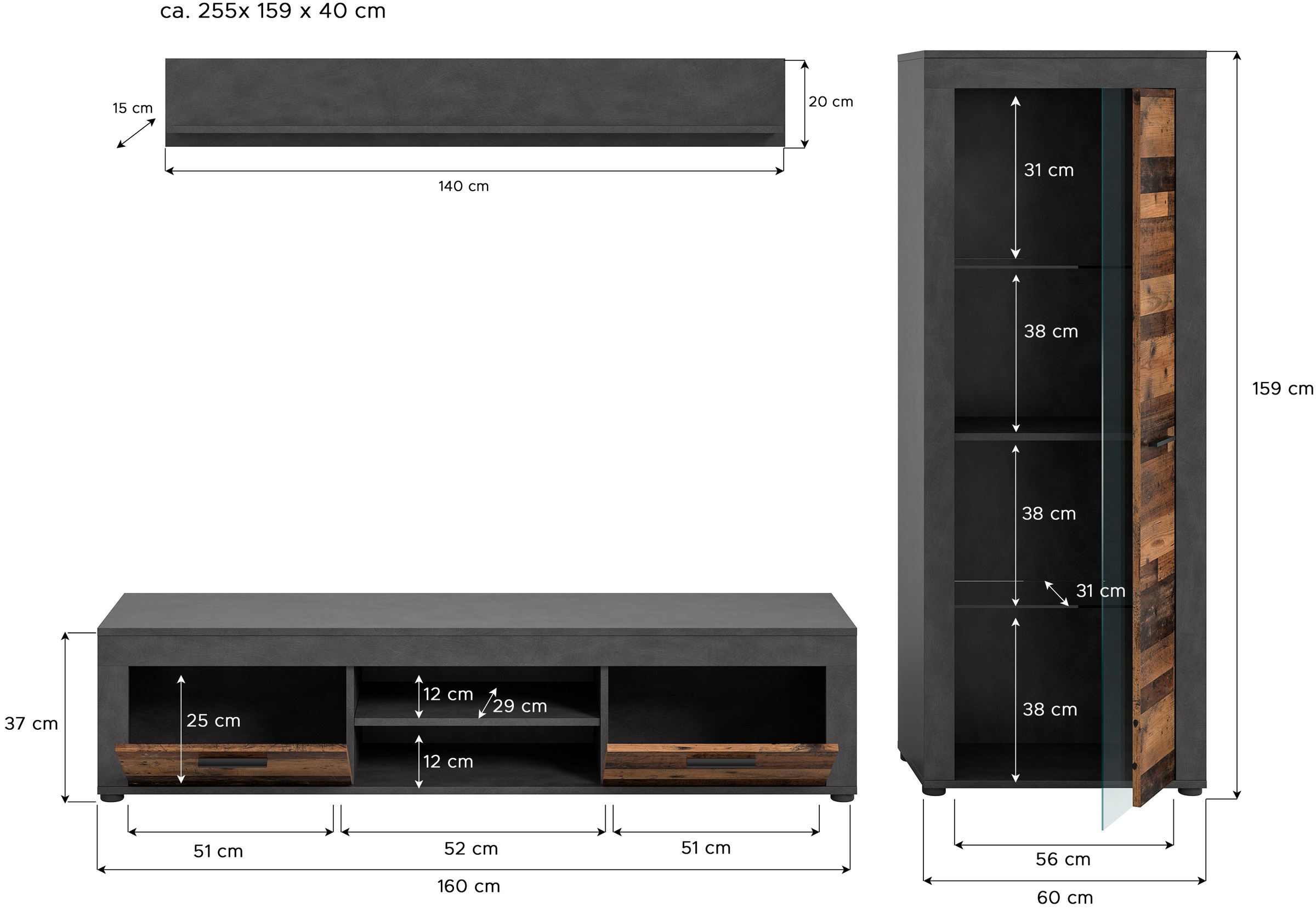 INOSIGN Wohnwand »Aosta, Breite 235cm, bestehend aus Lowboard, Wandboard, Vitrine«, (3 St.), Wohnwand, Kombination, Anbauwand, Möbel Set, Schrankwand, Möbel Kombi