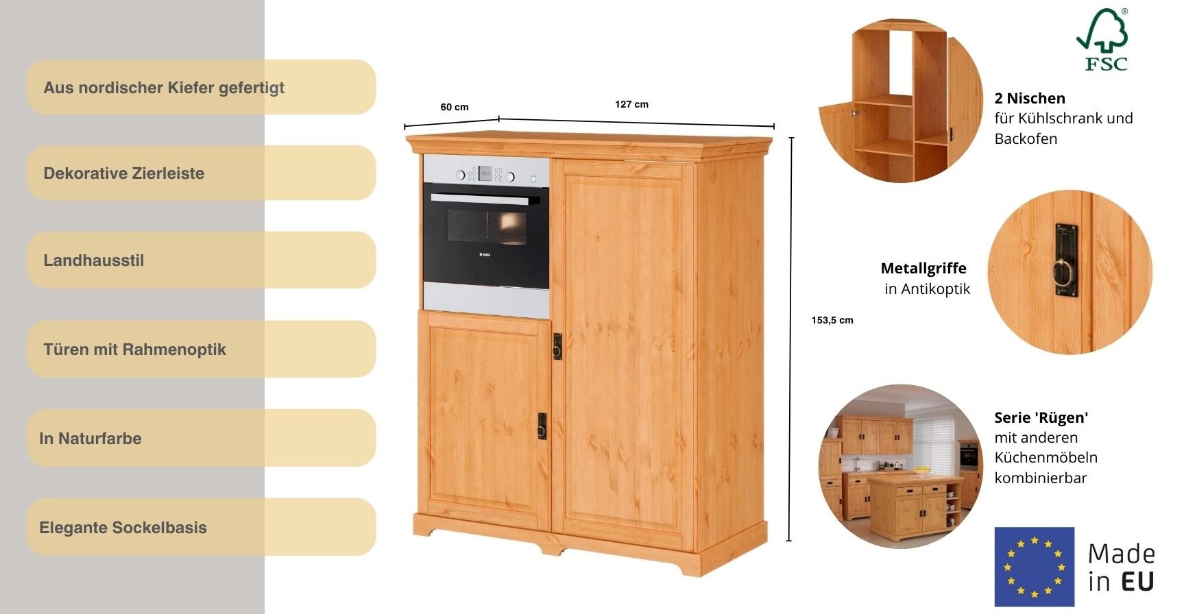 Home affaire Backofen/Kühlumbauschrank »Rügen«, Breite 127 cm, Kiefer massiv, Nische für Kühlschrank