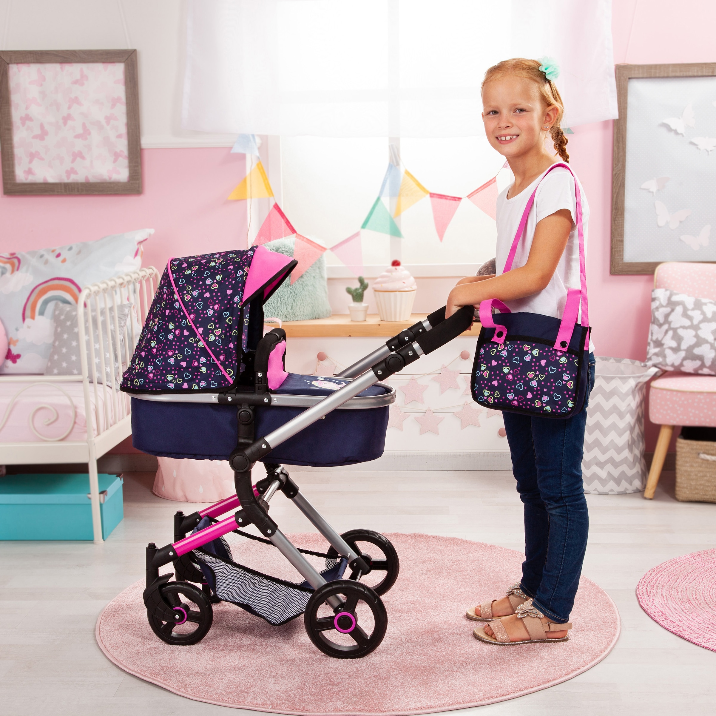 Bayer Kombi-Puppenwagen »Vario, Blau/Pink/Herzchen«, inkl. Wickeltasche