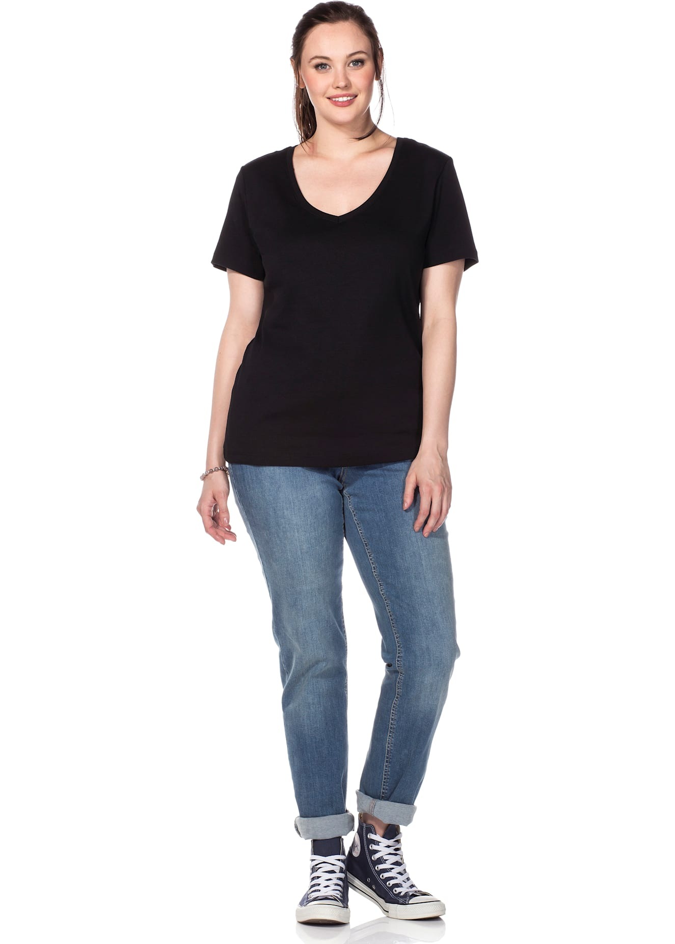 T-Shirt SHEEGO "T-Shirt", Damen, Gr. 52/54, schwarz, 100% Baumwolle, unifarben, V-Ausschnitt, Shirts T-Shirt 3