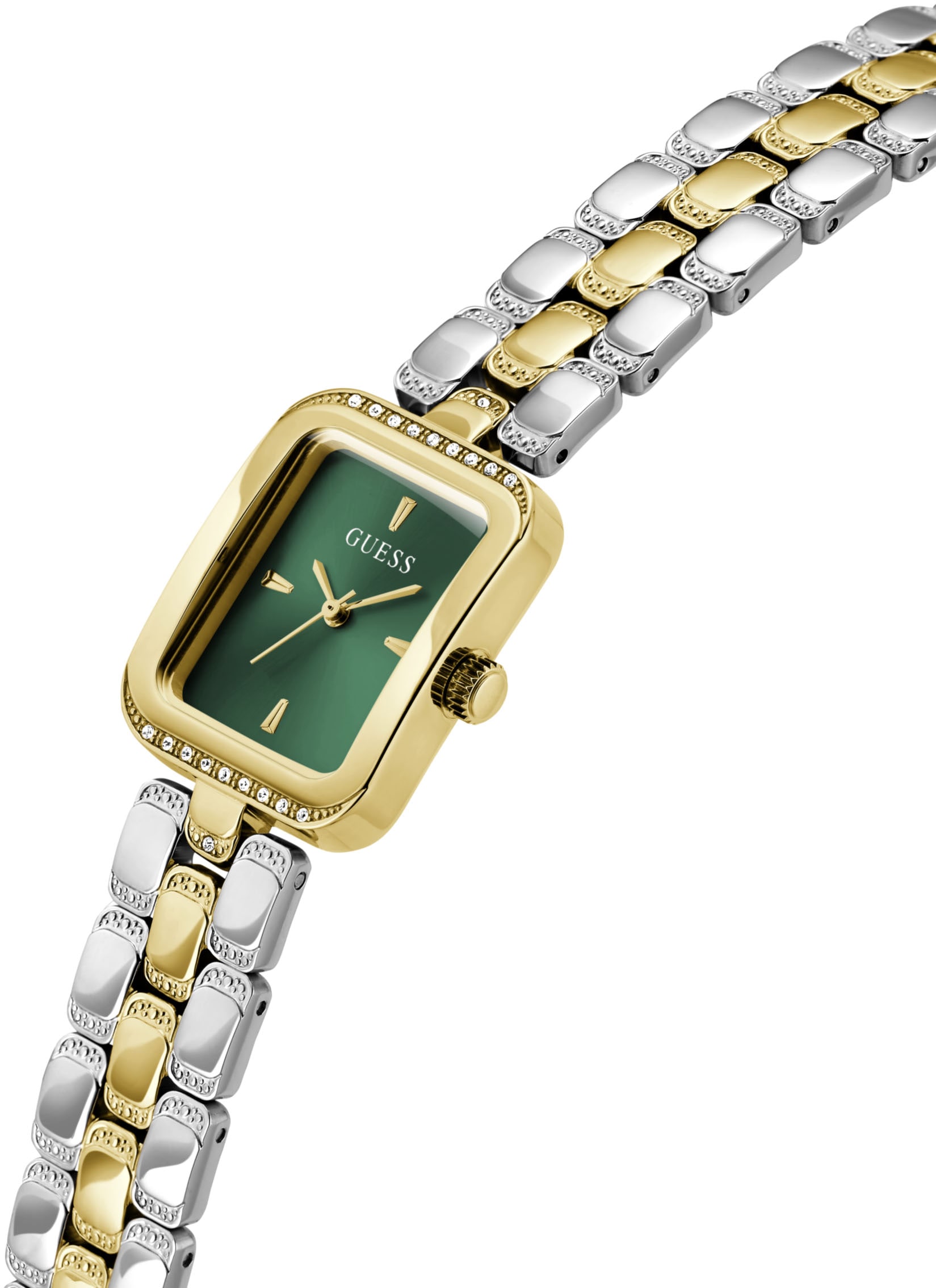 Guess Quarzuhr »ISLA«, Armbanduhr, Damenuhr, Edelstahlarmband, analog, Kristallsteine