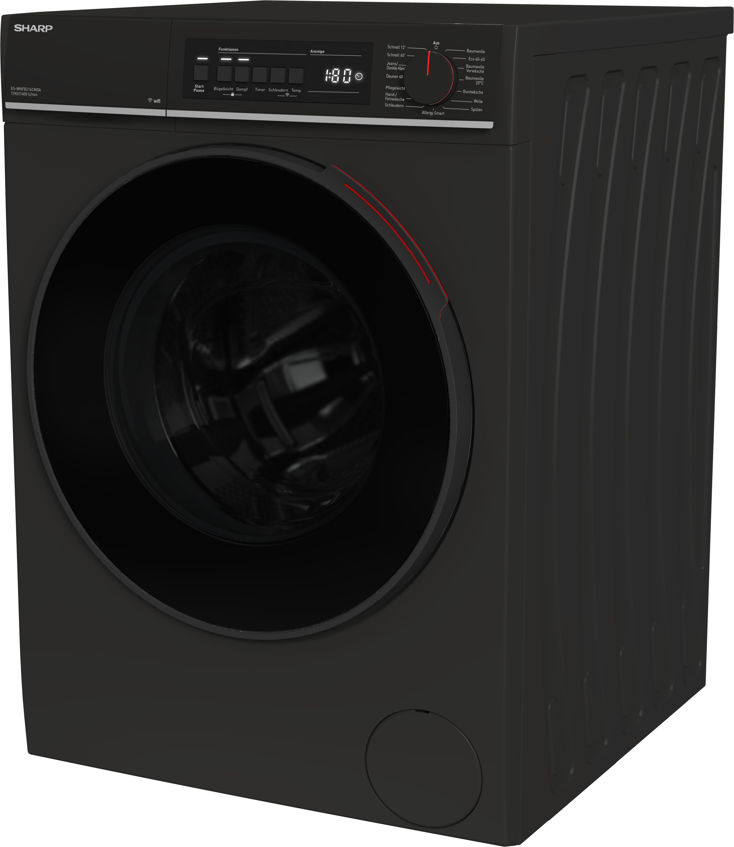Sharp Waschmaschine Mid Class »ES-WNFB214CMDA-DE«, 12 kg, 1400 U/min, 12kg / +WIFI / A-20% / black Doorring+knob/Steam/
Mat Black