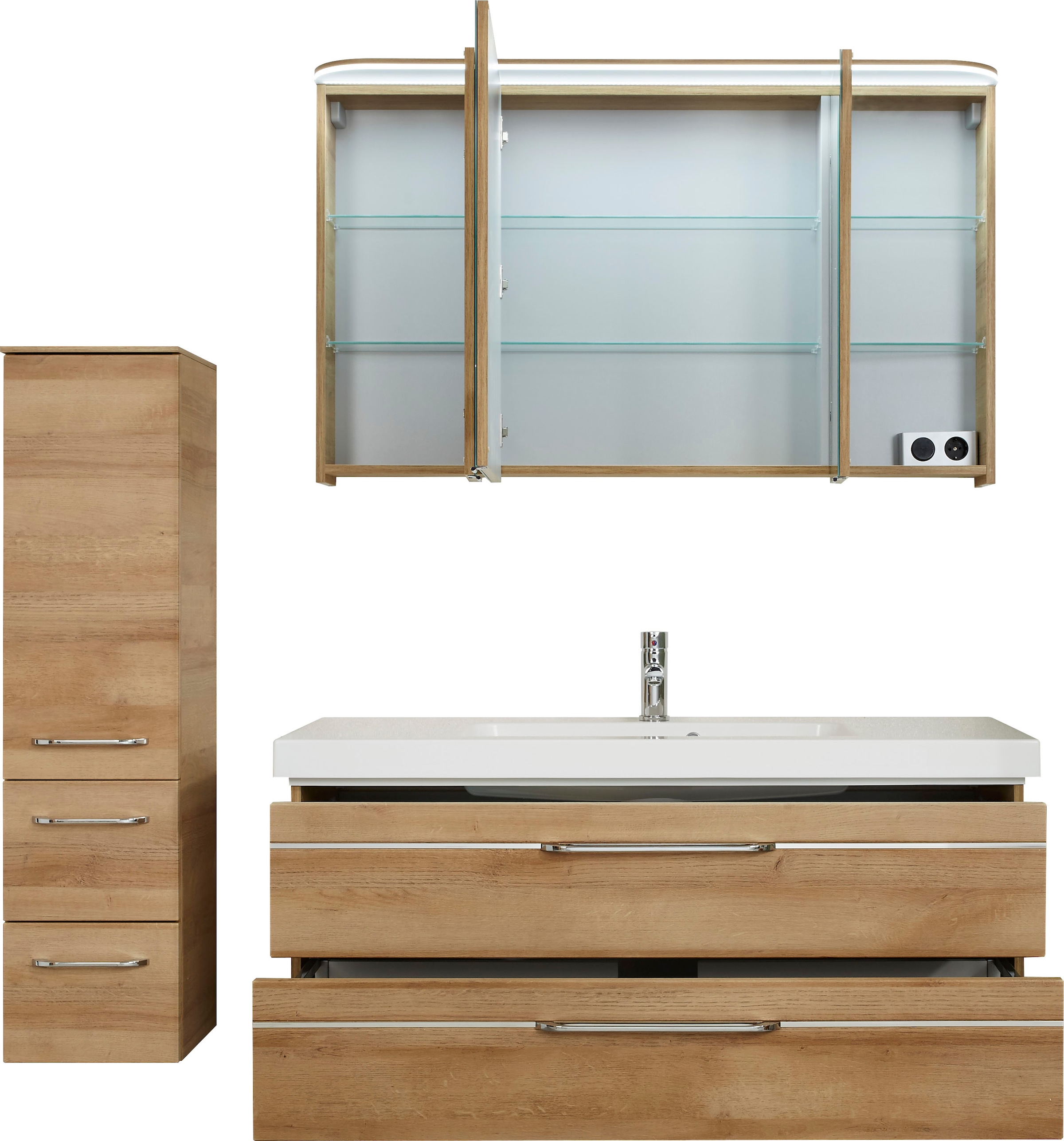 Saphir Badmöbel-Set »Balto Sprint 3-teilig, Mineralmarmor-Waschtisch mit LED-Spiegelschrank«, (4 St.), Badezimmer Set mit Midischrank inkl Türdämpfer, 4 Türen, 4 Schubladen