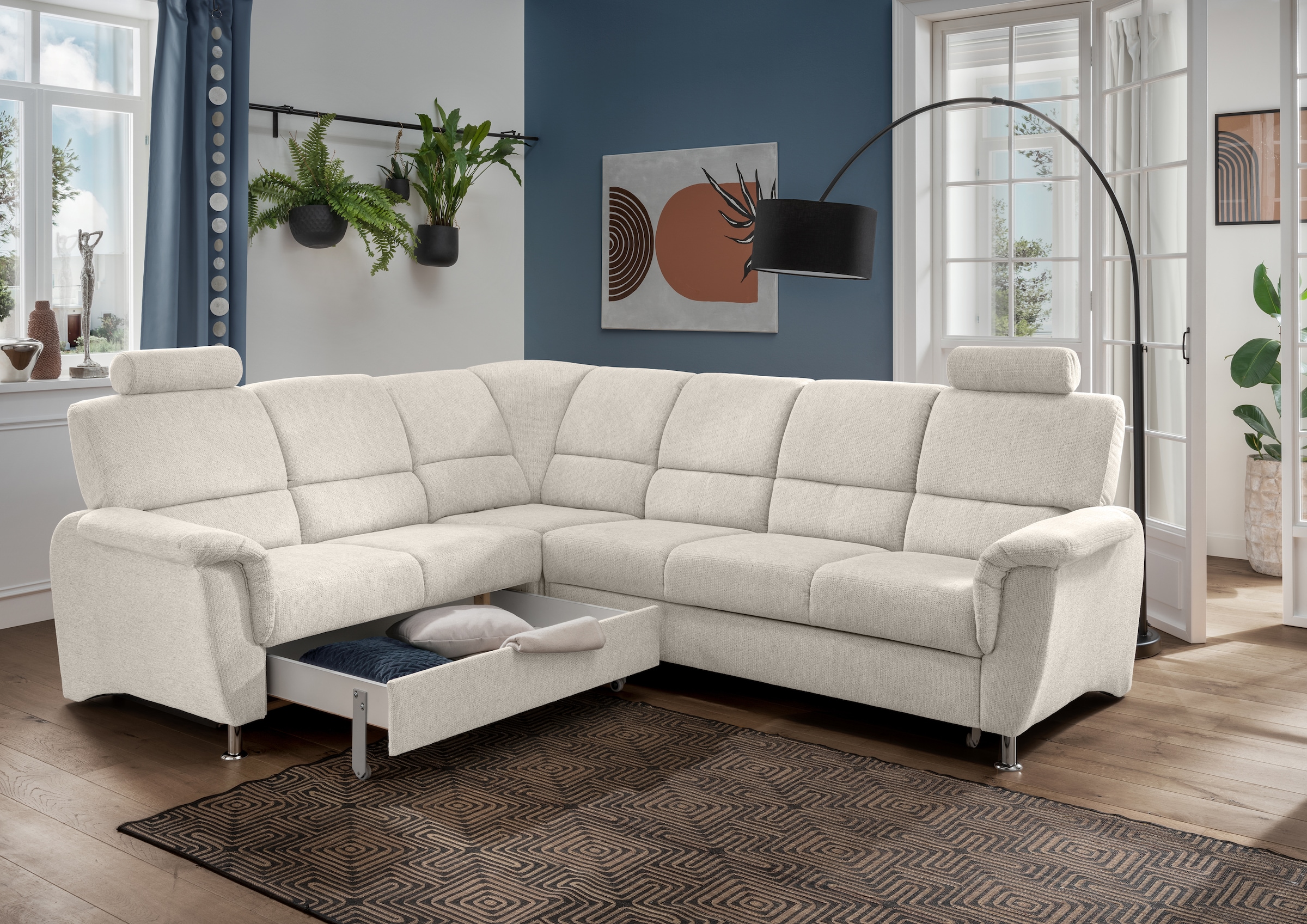Home affaire Ecksofa »Pisa L-Form, mit Schlaffunktion, Stauraum, 2x höhenverstellbare«, Kopfstützen und Relaxfunktion im Eckelement