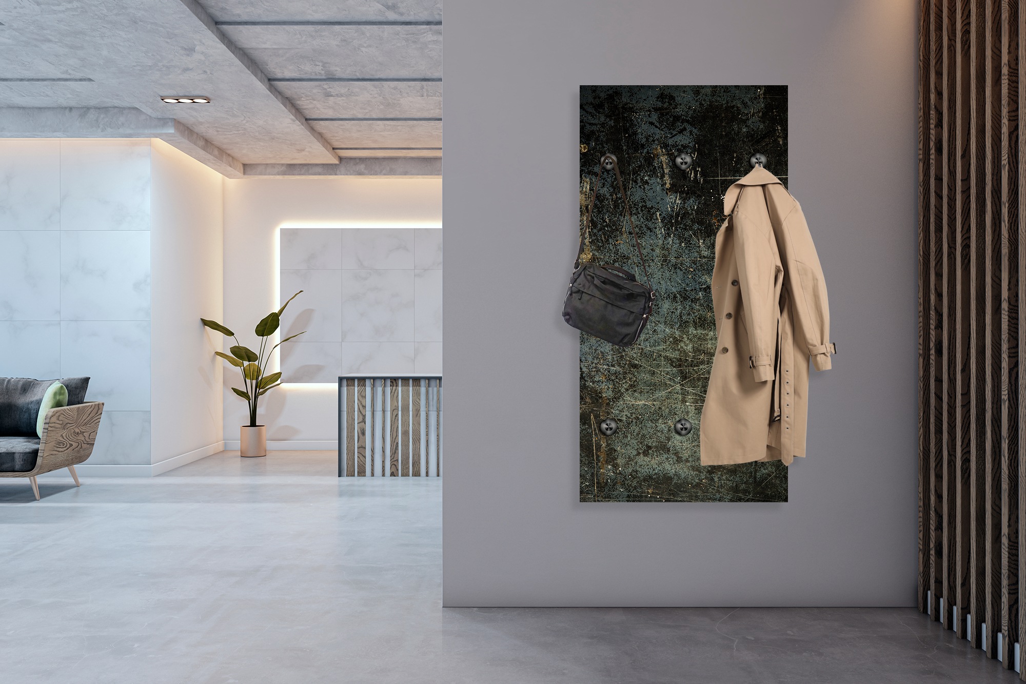 Thumbnail - queence Wandgarderobe "Beton Optik Abstrakt" 1 Stk. tlg. Wandpaneel aus Acrylglas inkl. 6 Edelstahlhaken in schwarz matt