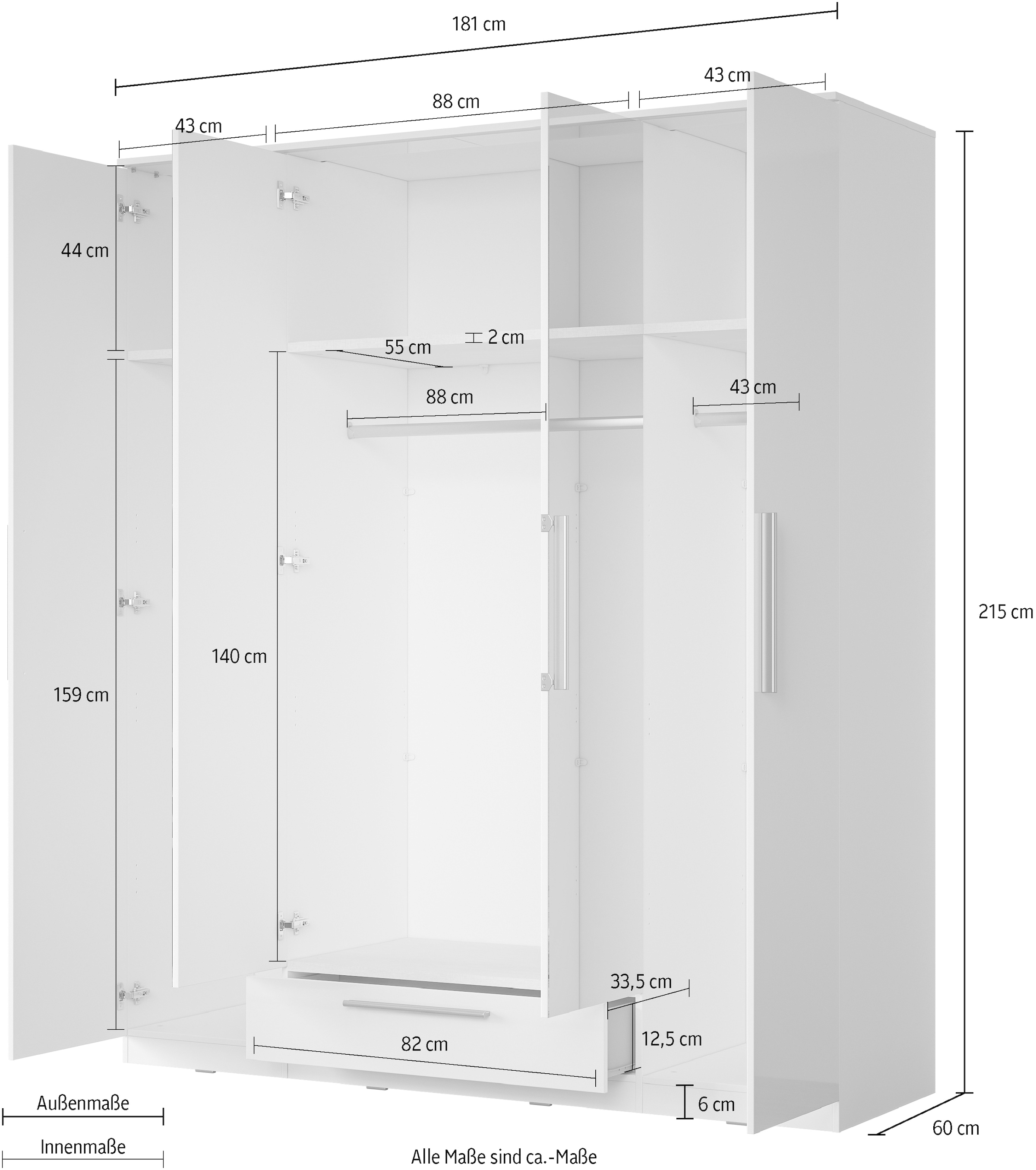 INOSIGN Kleiderschrank »India, FSC-zertifizierter Holzwerkstoff, Made in Europe«, (in Schieferoptik oder weiß mit Hochglanzfront), mit Beleuchtung und Fernbedienung, 181 oder 225x215x60cm