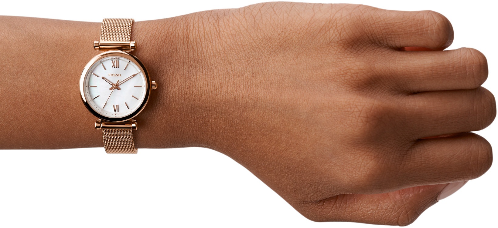 Fossil Quarzuhr »CARLIE MINI«, Armbanduhr, Damenuhr, Perlmutt-Zifferblatt, Edelstahlarmband