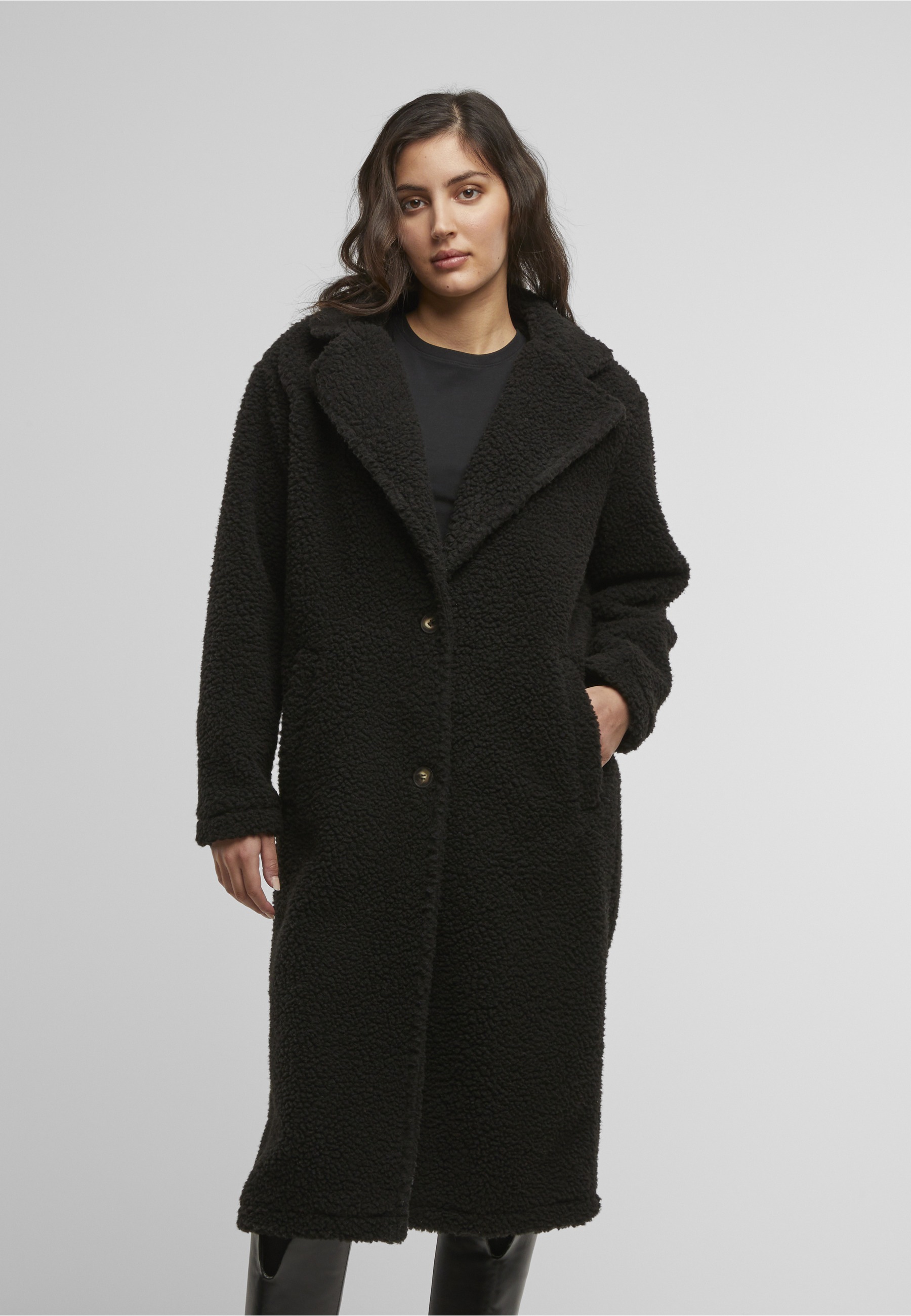 URBAN CLASSICS Winterjacke »Urban Classics Ladies Teddy Long Coat« 1 Stk. tlg. ohne Kapuze