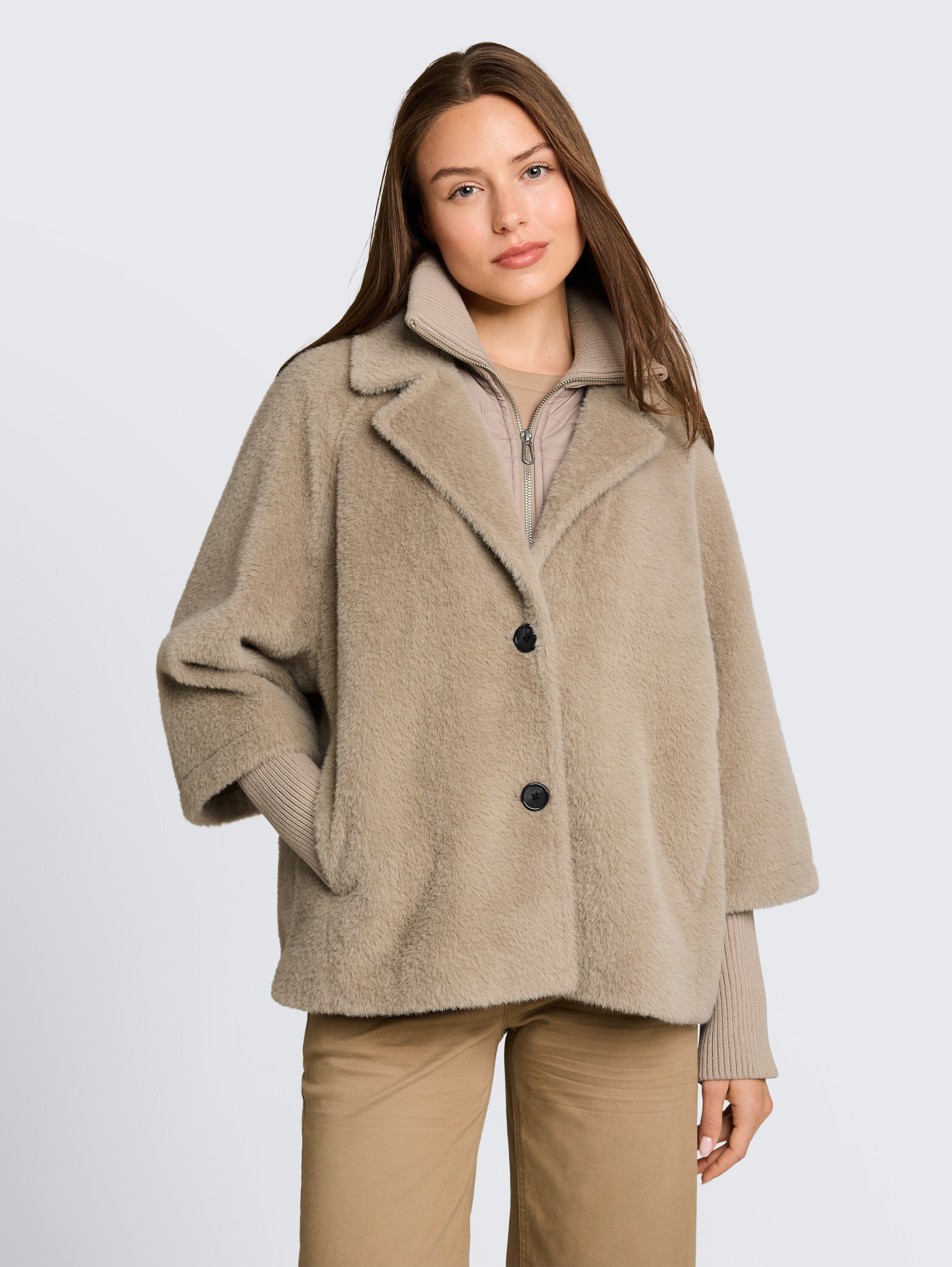 TOM TAILOR Fellimitatjacke "Regular" ohne Kapuze mit Reverskragen und Stehkragen-Inlay und Knopfleiste