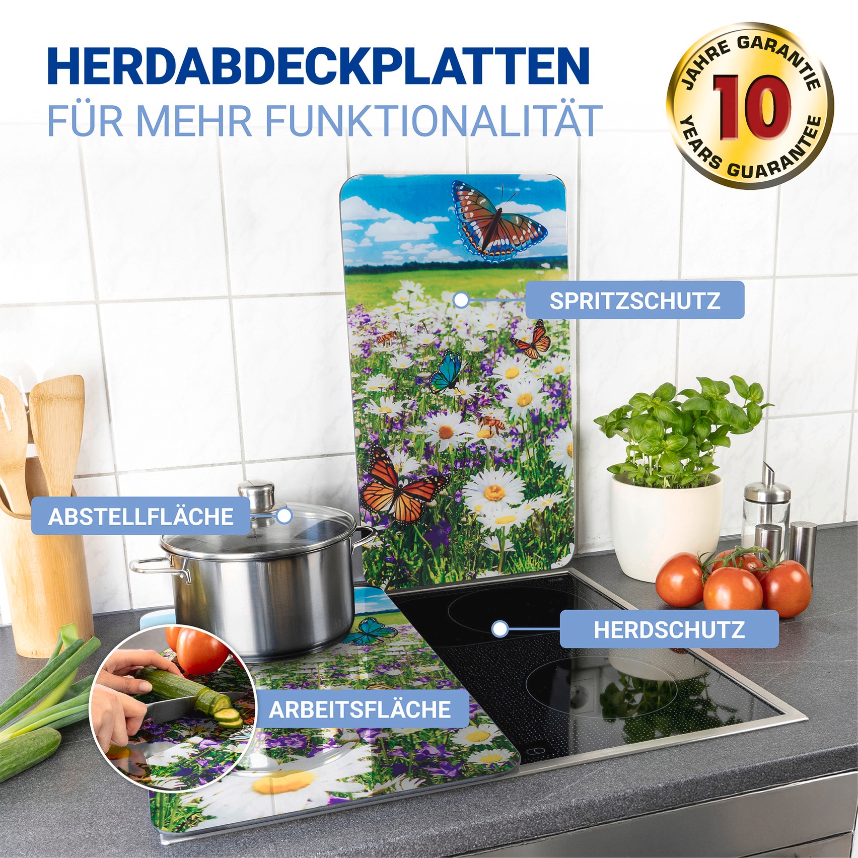 WENKO Herd-Abdeckplatte »Universal Modell Sommerwiese«, (Set, 2 tlg.), Herdabdeckung für alle Herdarten, kratzfest, mit rutschfesten Füßen