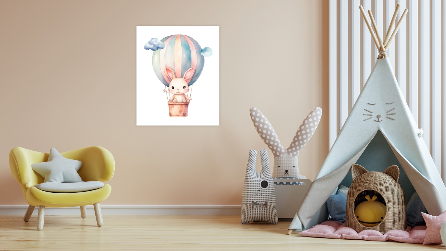 Lüttenhütt Bild mit Rahmen "oder Poster, Hase im Heißluftballon am Himmel" Ballonfahren Fantasy Heißluftballon Tiere 1 Stk. tlg. HD Premium Druck