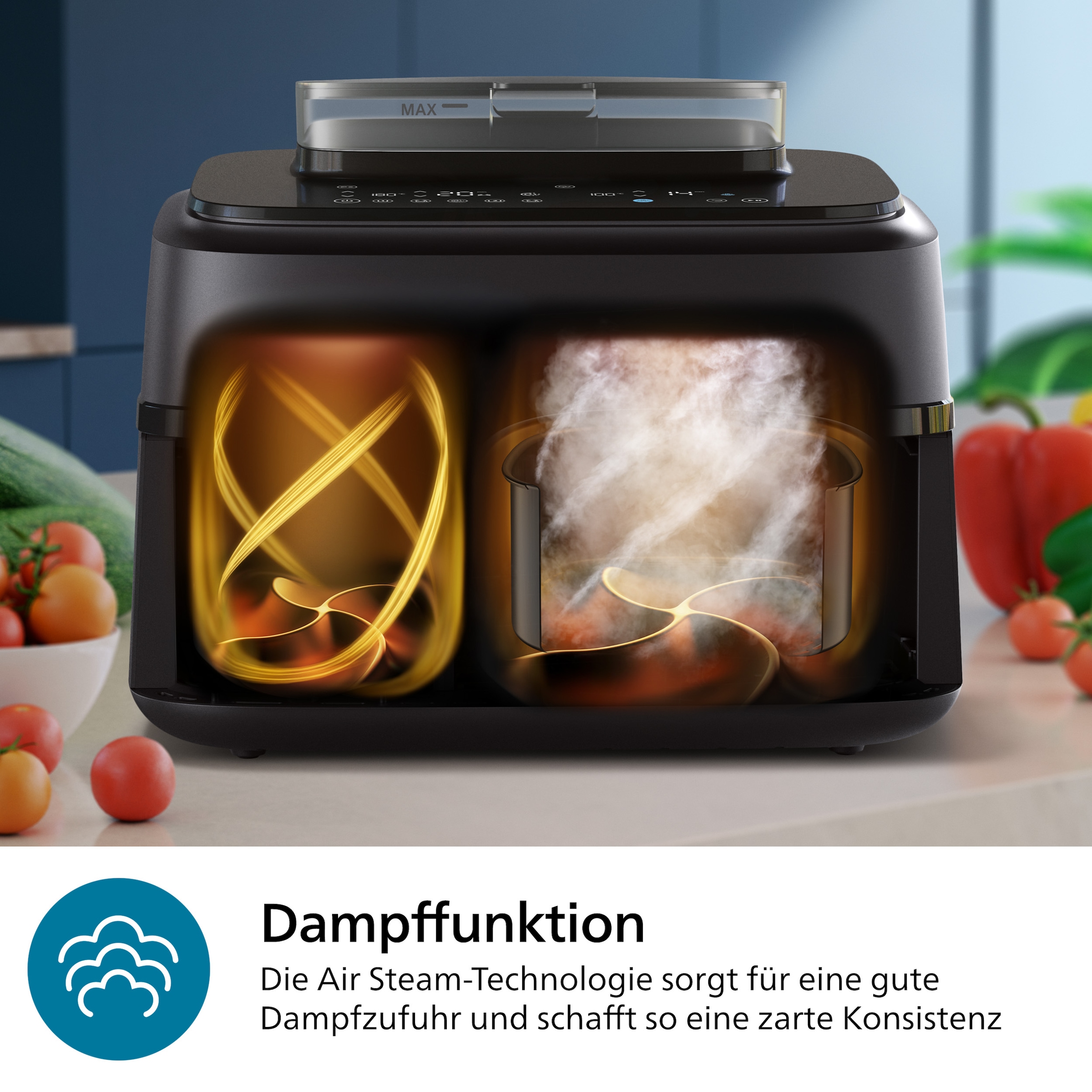 Philips Heißluftfritteuse »Steam Airfryer 5000 Dual Basket NA552/00, Airfryen & Dampfgaren, 3L+6L«, 2750 W, RapidAir Plus Technologie und 19 Kochfunktionen; Edelstahl/Kupfer