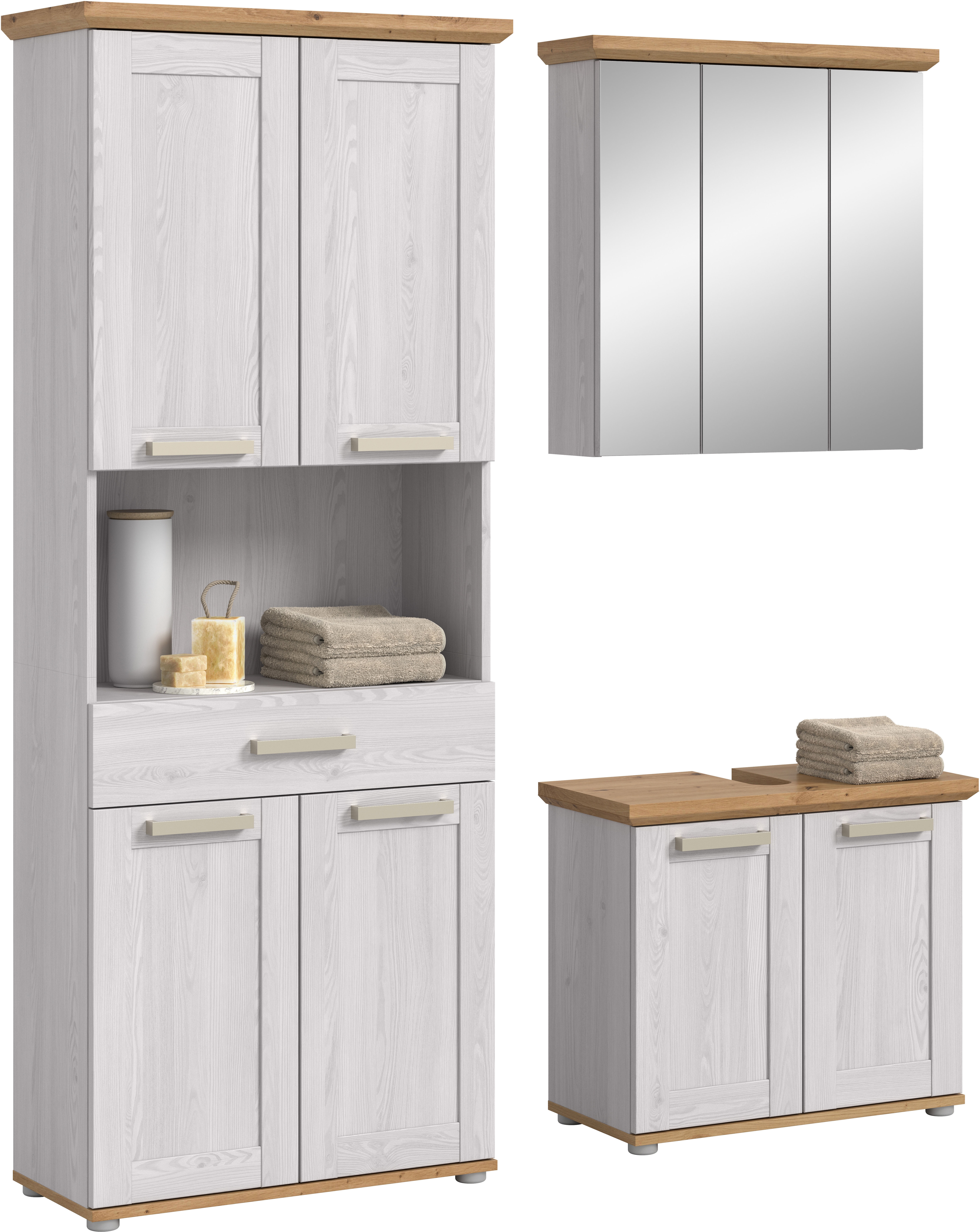welltime Badmöbel-Set "COSENZA, 3-teilig, in Landhausoptik, mit farblich abgesetztem Kranz" best. aus: Hochschrank, Spiegelschrank und Waschbeckenunterschrank, 3 Stk. tlg.