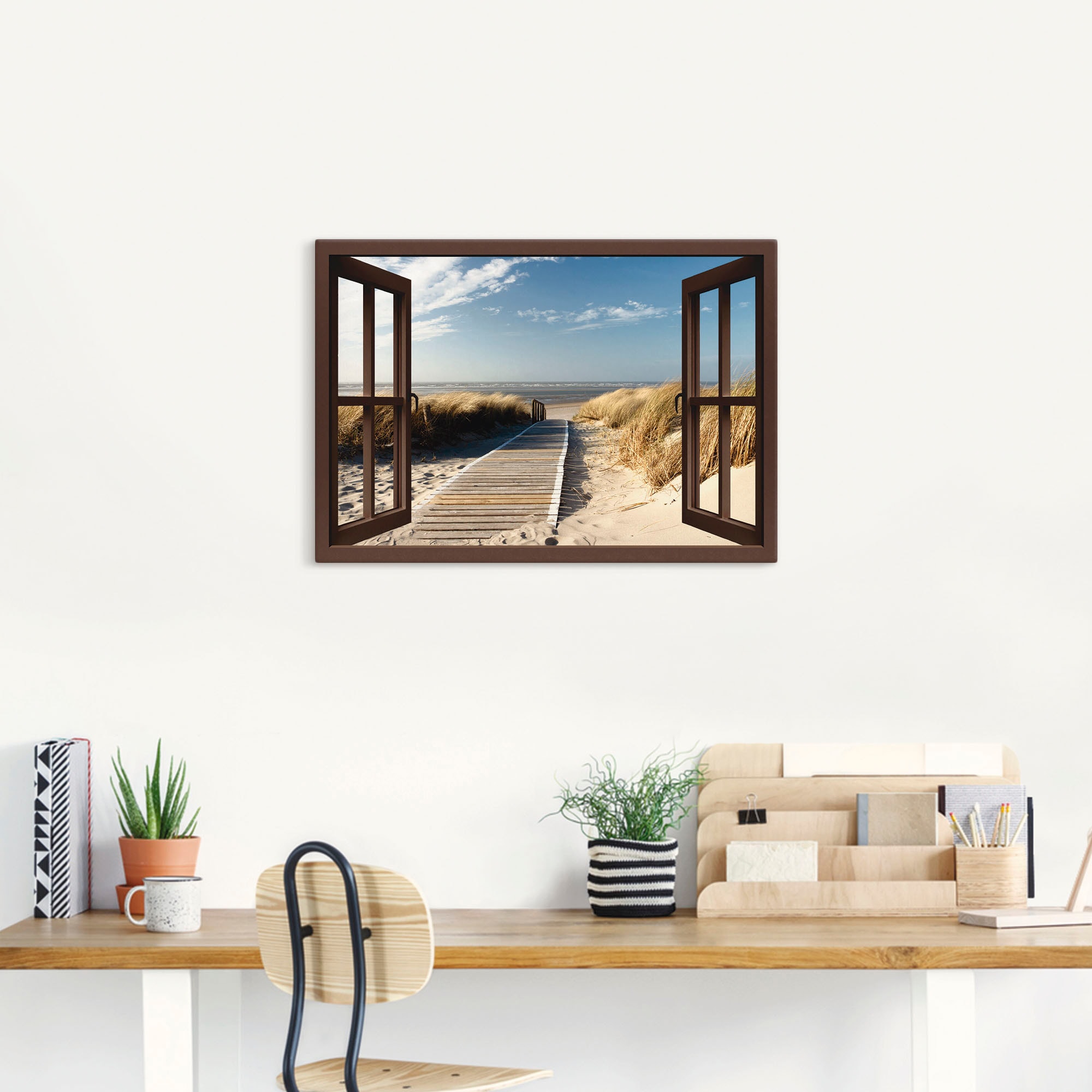 Artland Wandbild »Fensterblick Nordseestrand auf Langeoog«, Fensterblick, (1 St.), als Leinwandbild, Poster, Wandaufkleber in verschied. Größen