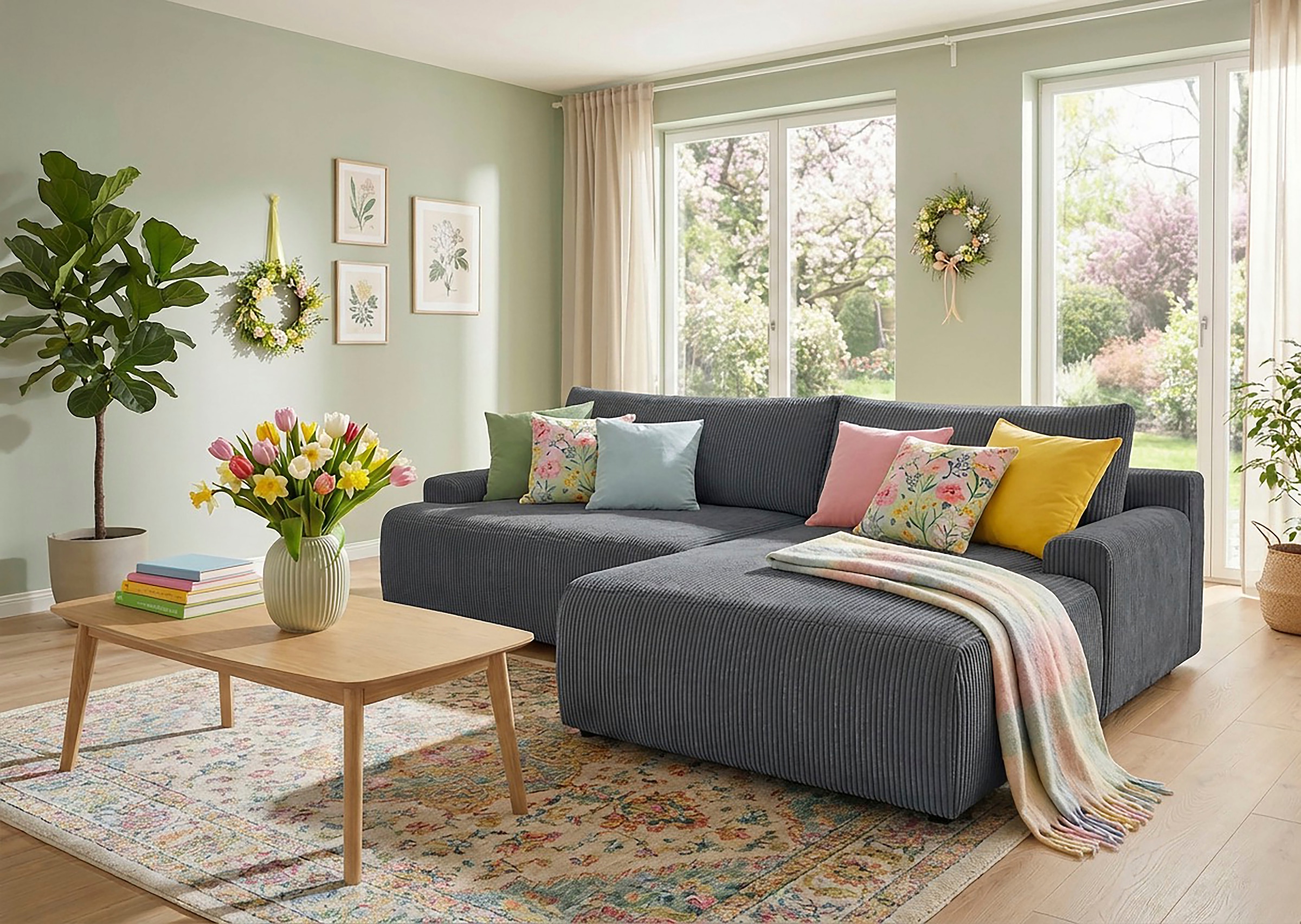 TRENDMANUFAKTUR Ecksofa "Prag, Schlafsofa mit Bettkasten, Couch in L-Form, Breite 253 cm" in Cordstoff HYPER, dunkelgrau, Recamiere rechts
