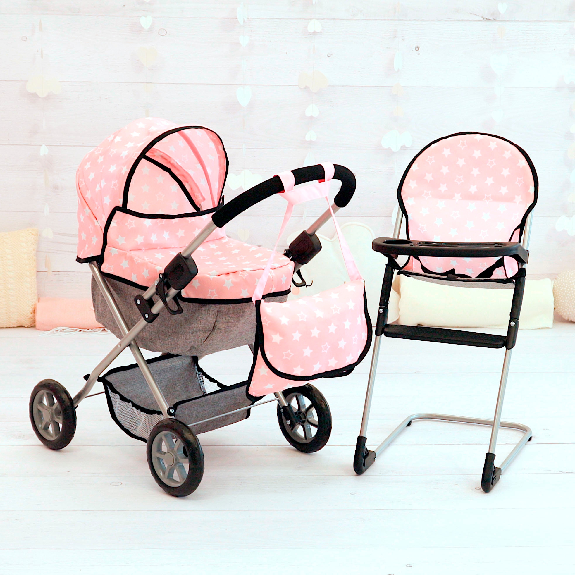Bayer Puppenwagen »Cosy Set, rosa«, mit Puppenhochstuhl und Wickeltasche