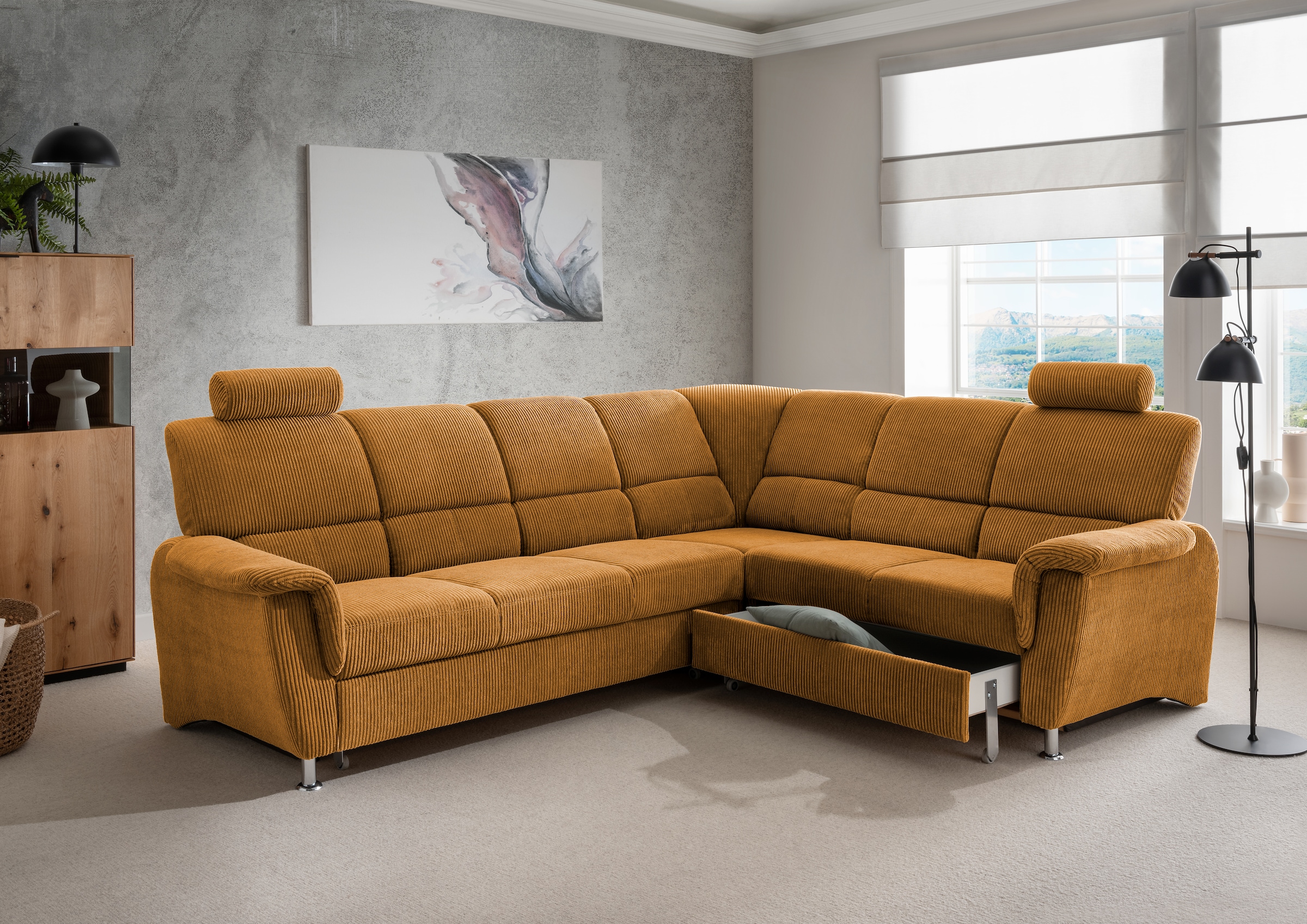 Home affaire Ecksofa »Pisa L-Form, mit Schlaffunktion, Stauraum, 2x höhenverstellbare«, Kopfstützen und Relaxfunktion im Eckelement