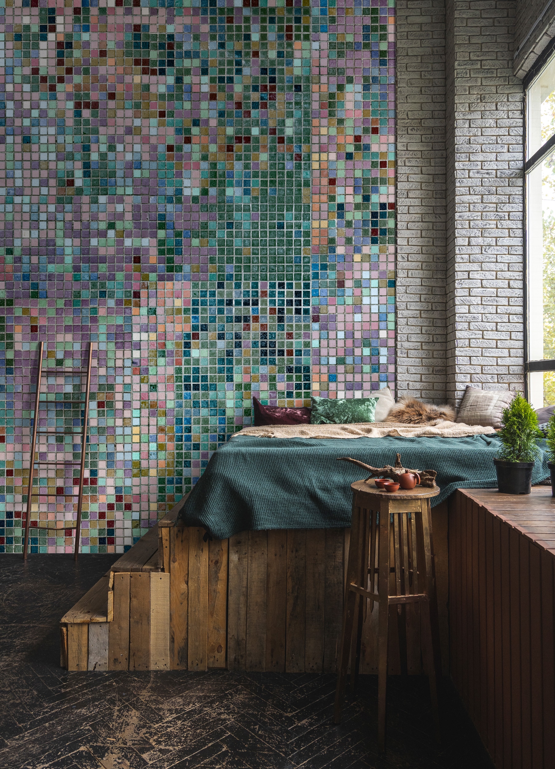 living walls Vliestapete "Mosaik-Tapete Pixeloptik Grün Lila Vliestapete" matt glatt