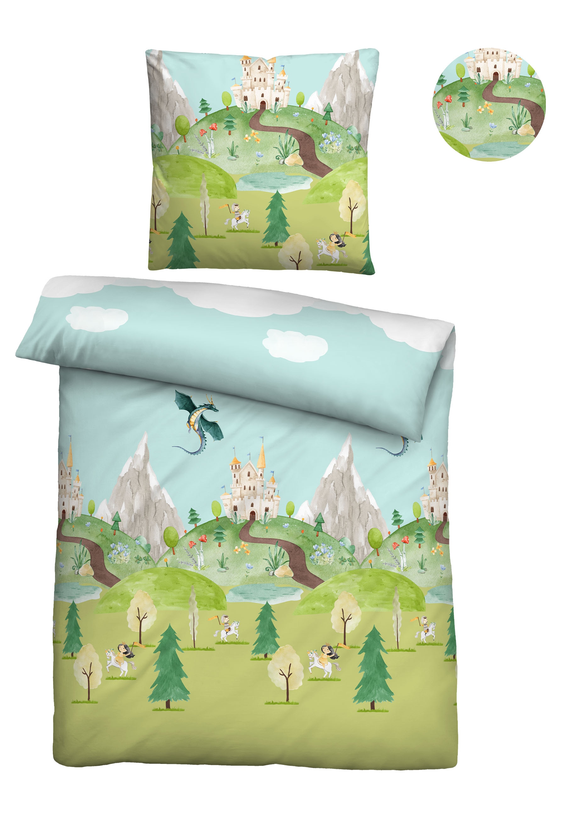 Biberna Kinderbettwäsche "0044331 Drache & Ritter" 2 Stk. hautfreundlich, kühlend, mit Reißverschluss, ganzjährig einsetzbar