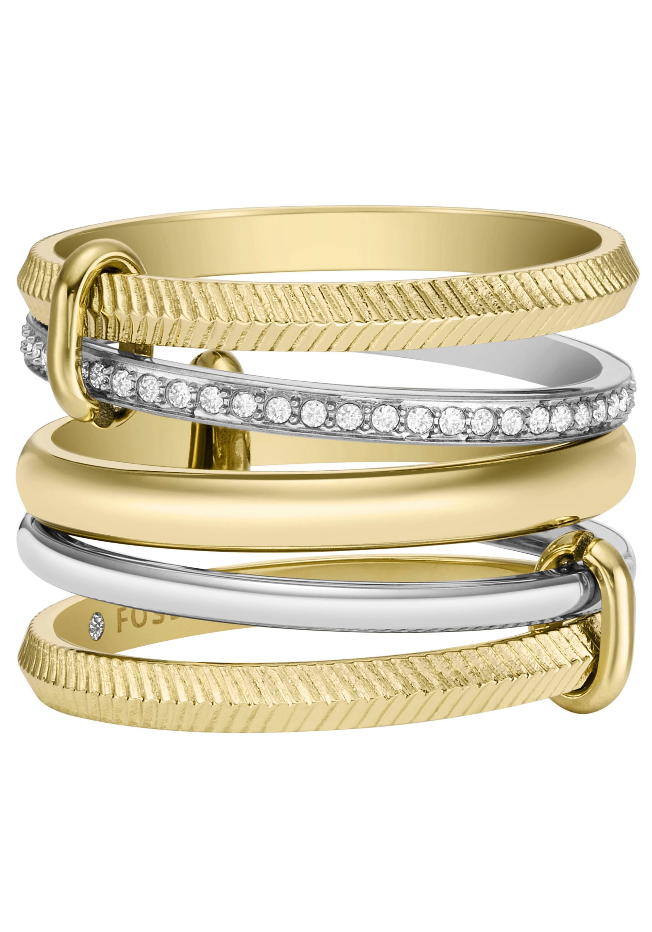 Fingerring FOSSIL "Schmuck JEWELRY ALL STACKED UP TWO-TONE PRESTACK RING" Gr. 16,5, gelb (edelstahlfarben, gelbgoldfarben, kristallweiß), Fingerringe, Damen, 16,5, Edelstahl, 15,6mm, Fingerring, mit Glasstein 2